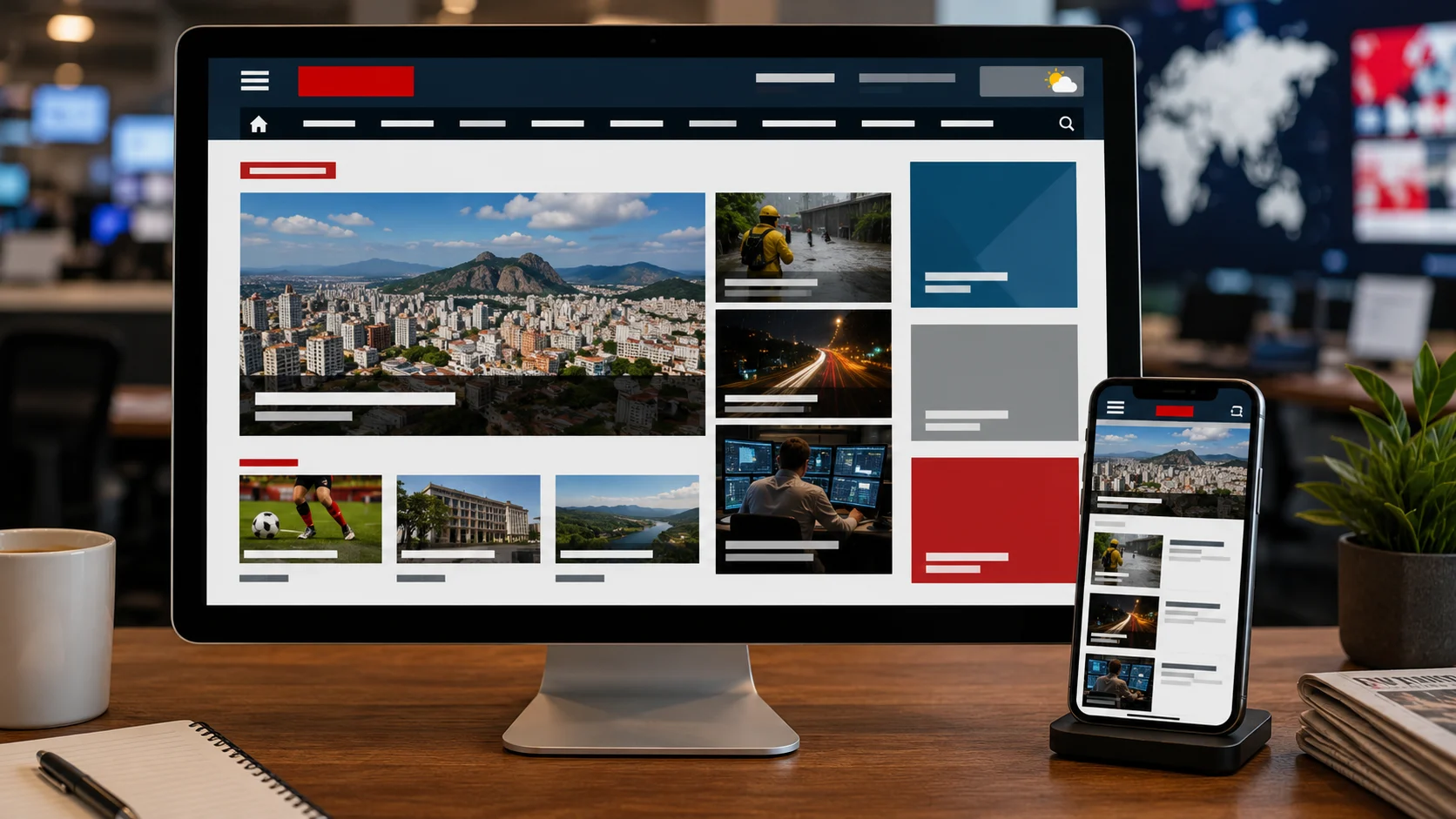 [Imagem: notebook exibindo um portal de notícias moderno desenvolvido em WordPress]