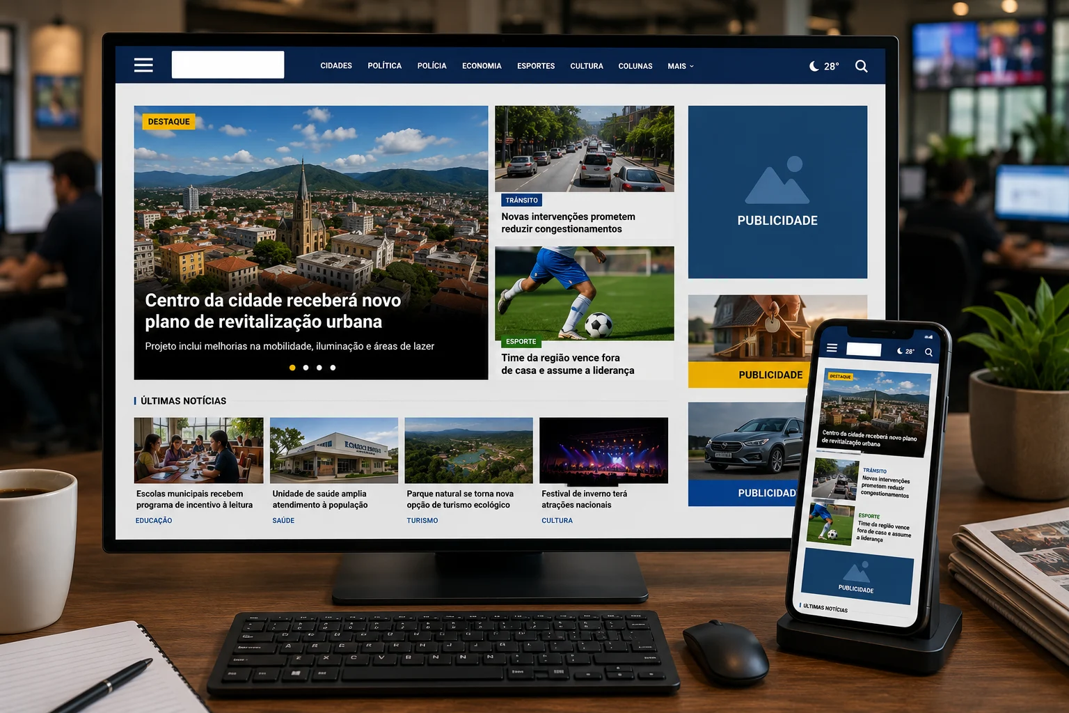 [Imagem: portal de notícias regional mostrando manchetes, categorias e espaços publicitários]