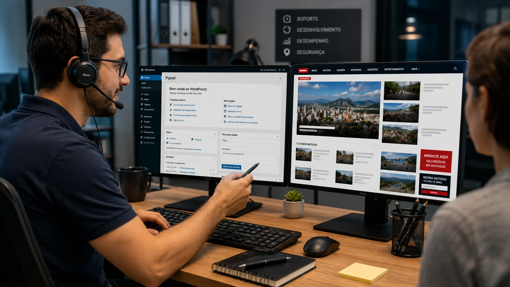 [Imagem: profissional prestando suporte técnico a um portal de notícias em WordPress]