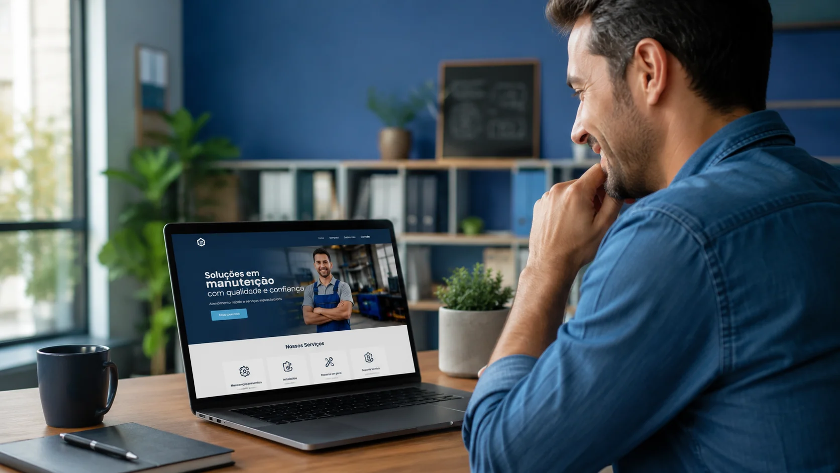 [Imagem: Empresário utilizando notebook enquanto visualiza seu novo site profissional em funcionamento.]
