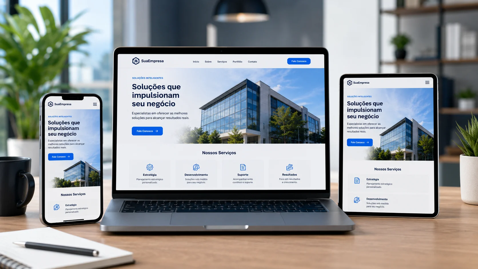 [Imagem: Site aberto simultaneamente em notebook, tablet e smartphone demonstrando responsividade.]
