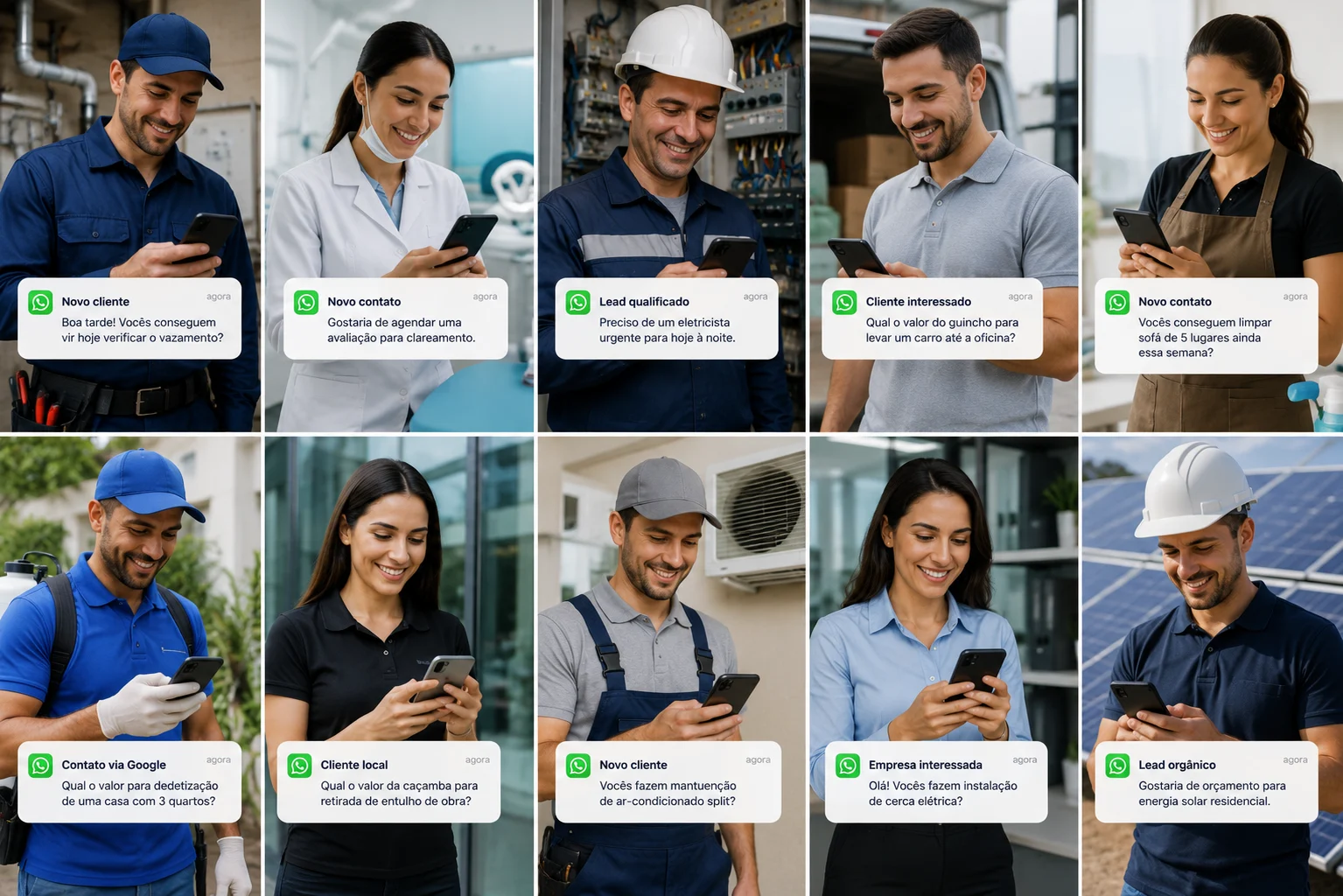 [Imagem: Diversos profissionais de serviços utilizando celular e recebendo mensagens de novos clientes.]