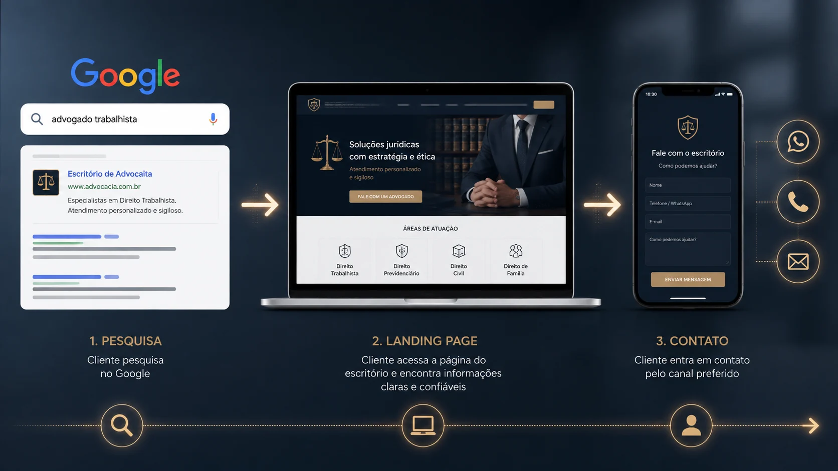 [Imagem: fluxo visual mostrando Google, pesquisa de uma dúvida jurídica, landing page do escritório e contato profissional, com estética corporativa e discreta]