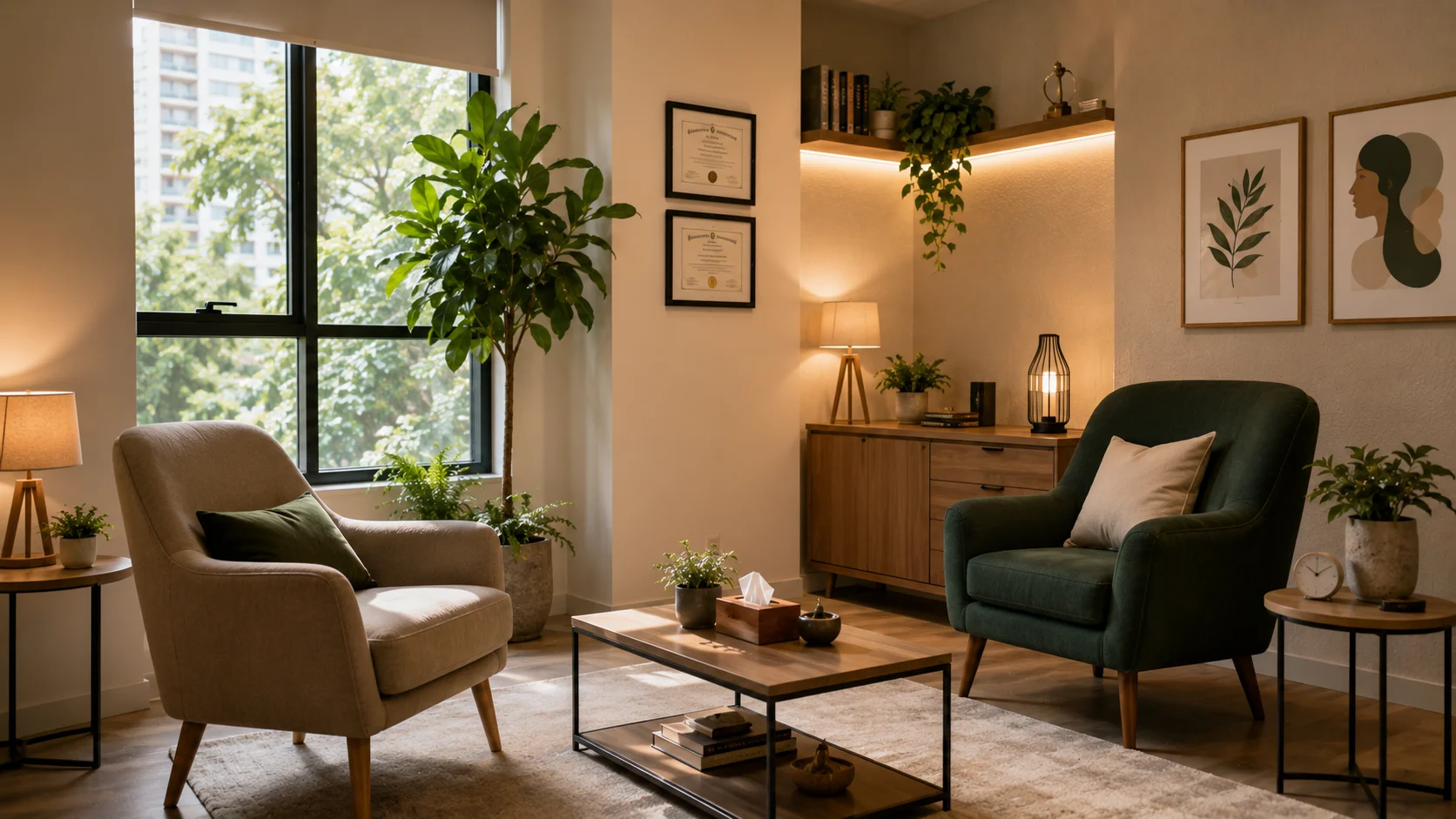 [Imagem: consultório de psicologia moderno e acolhedor, com poltrona confortável, iluminação natural, plantas e ambiente preparado para atendimento individual]