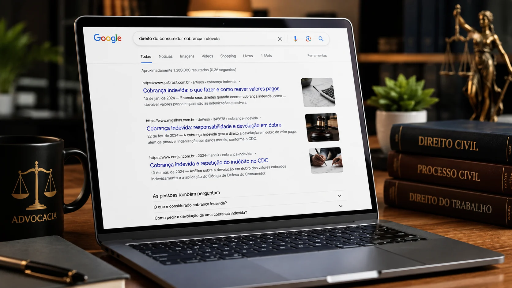 [Imagem: página de resultados do Google exibindo conteúdos jurídicos informativos em um notebook]