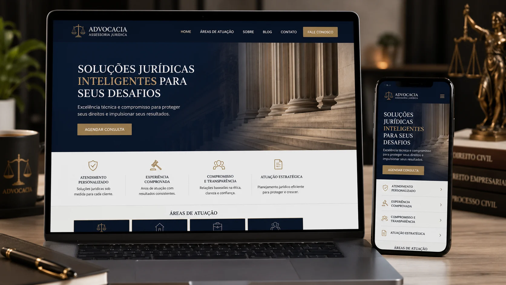[Imagem: site moderno de escritório de advocacia aberto em computador e smartphone]