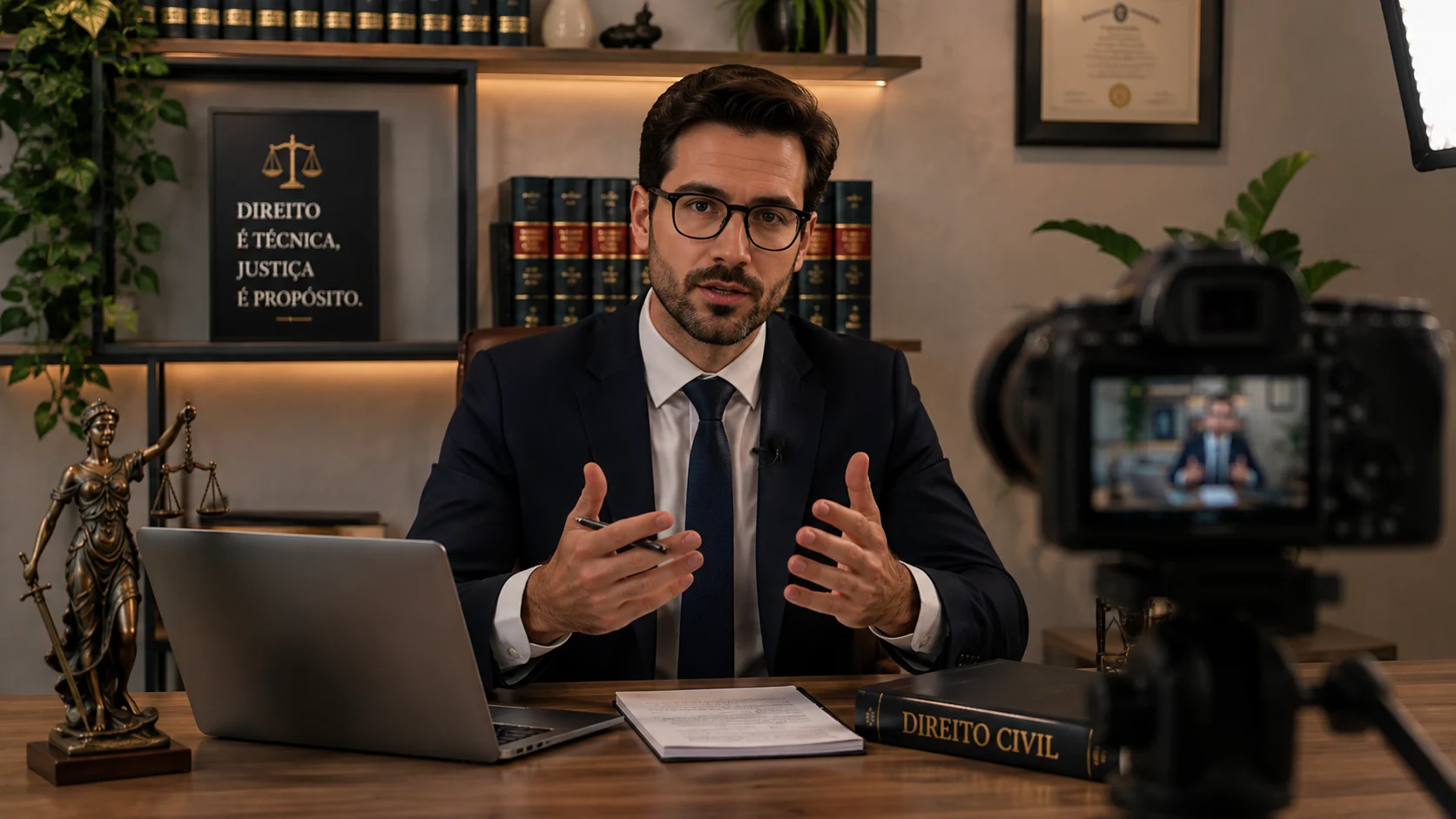 [Imagem: advogado gravando conteúdo jurídico educativo para redes sociais em escritório profissional]