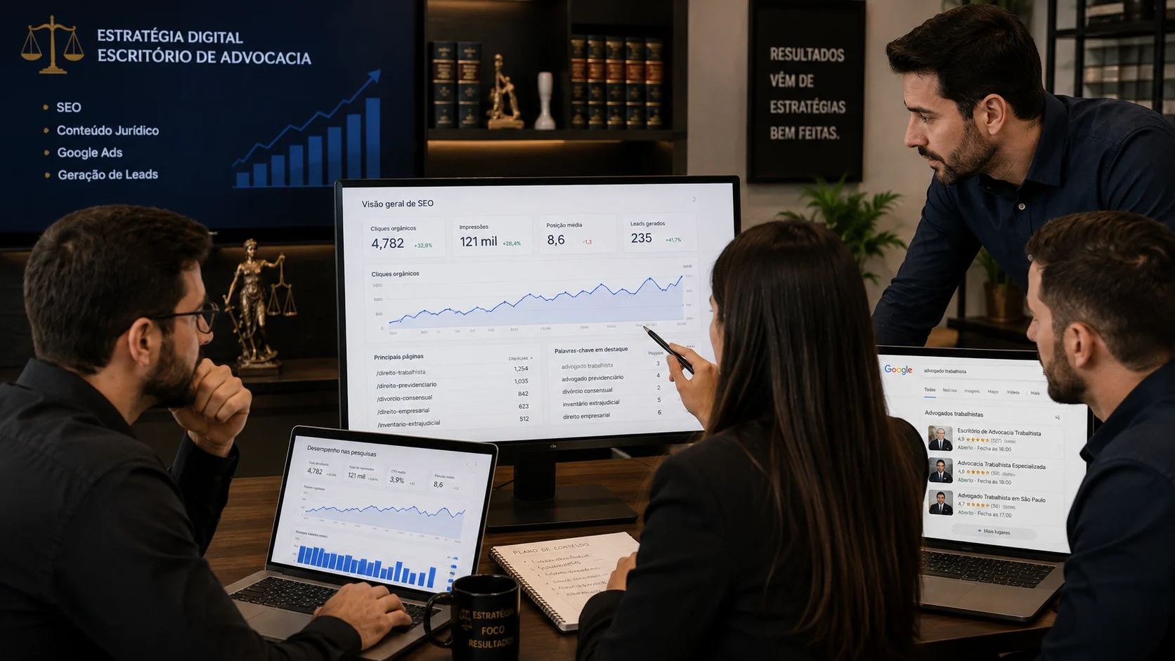 [Imagem: equipe de marketing analisando estratégia de SEO para escritório de advocacia em telas com gráficos e resultados de busca]