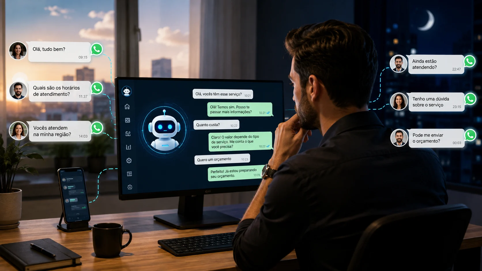 [Imagem: empresário observando no computador um bot de inteligência artificial respondendo automaticamente clientes pelo WhatsApp durante o dia e à noite]