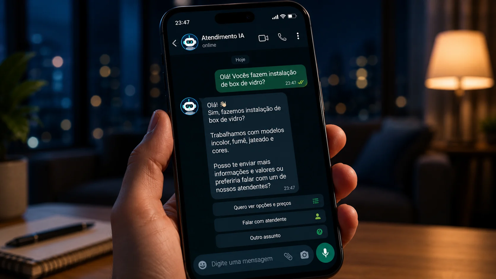 [Imagem: tela de smartphone recebendo uma pergunta de cliente às 23h47 e inteligência artificial respondendo instantaneamente]
