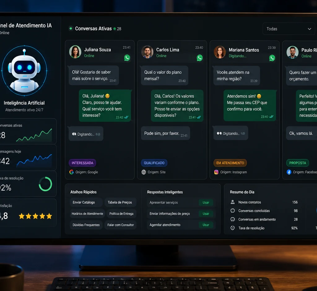 [Imagem: painel moderno de atendimento mostrando inteligência artificial conversando simultaneamente com diferentes potenciais clientes]