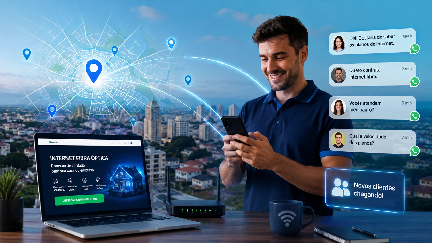 [Imagem: Provedor de internet regional recebendo novos clientes pelo site e WhatsApp, com mapa da cidade e sinais de conexão representando buscas locais no Google]