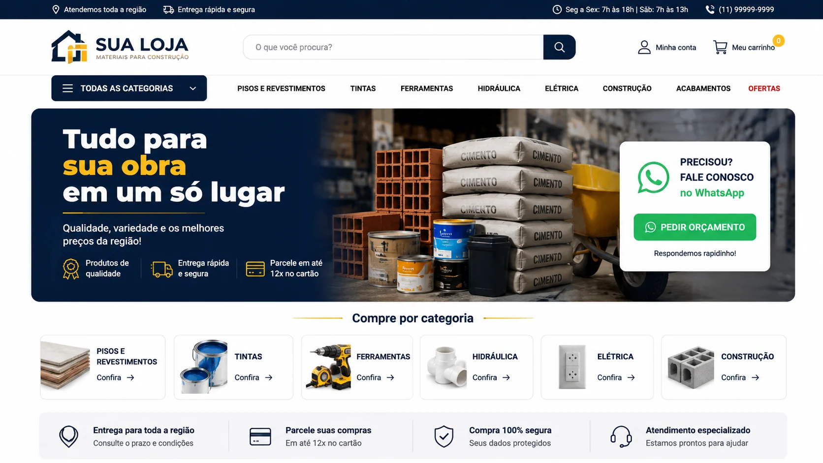 [Imagem: exemplo de página de uma loja de materiais de construção com categorias de produtos e botão de orçamento pelo WhatsApp]
