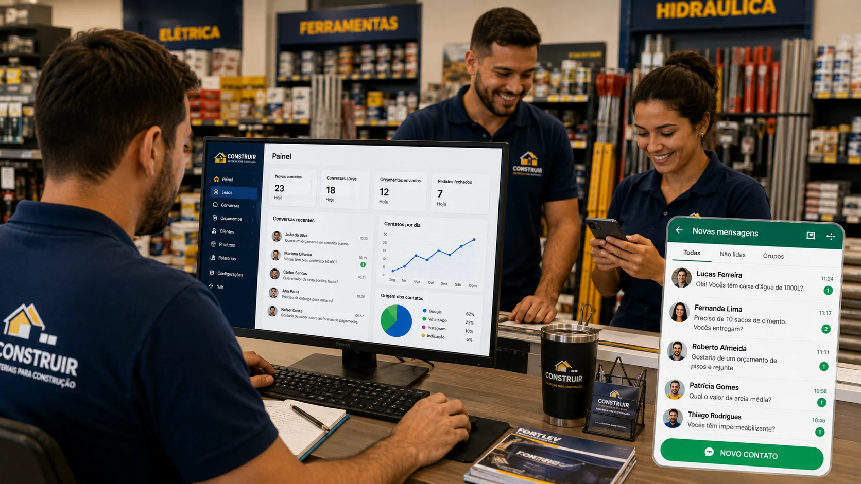[Imagem: equipe de uma loja de construção recebendo novos pedidos e solicitações de orçamento pelo computador e WhatsApp]