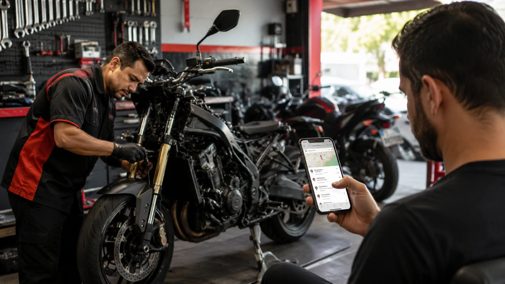 [Imagem: mecânico trabalhando em uma motocicleta enquanto um cliente encontra a oficina pelo celular]