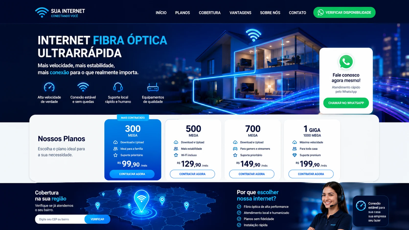 [Imagem: Landing page de provedor de internet exibindo planos de fibra óptica, benefícios, cobertura regional e botão destacado de WhatsApp]