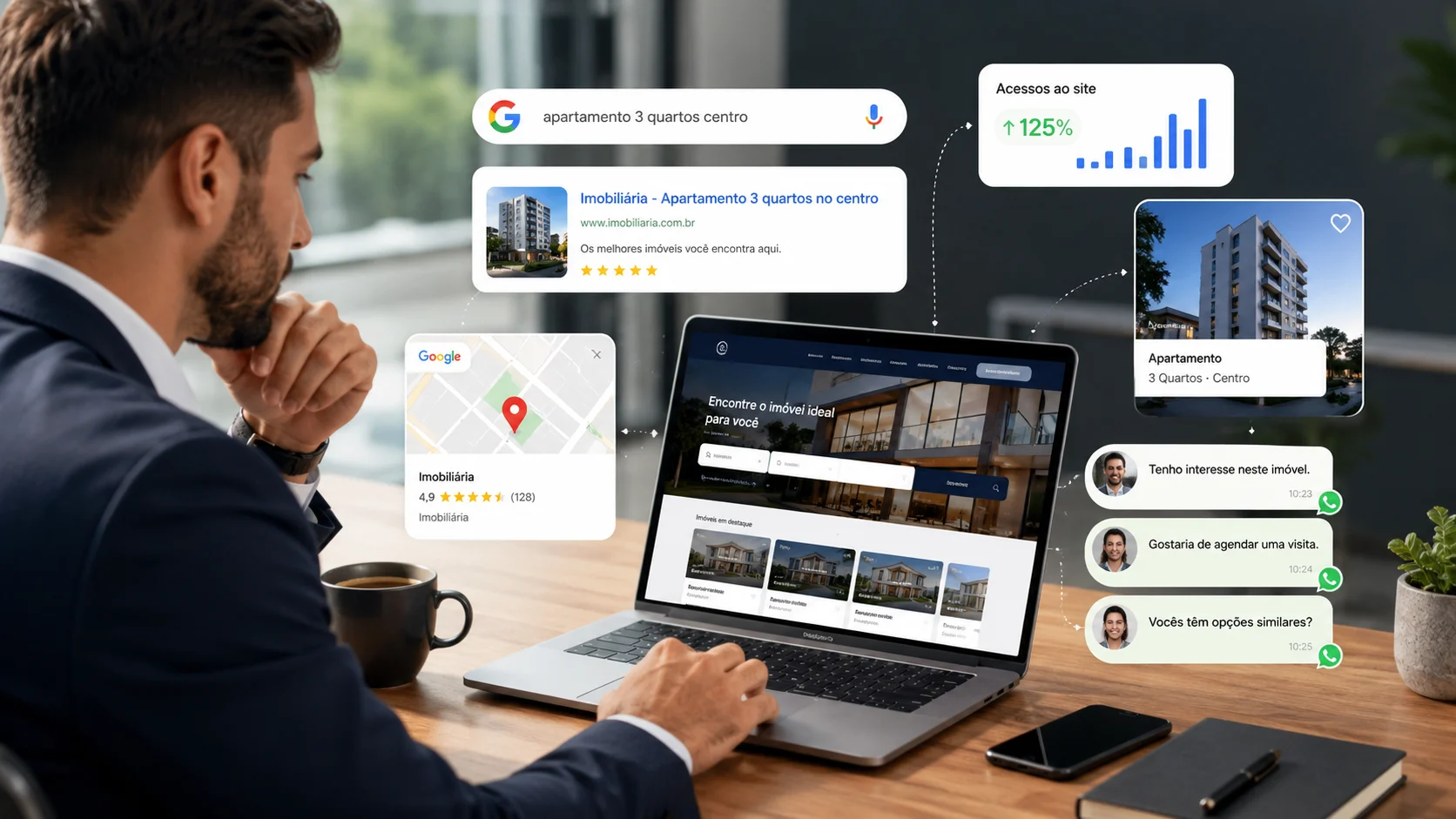 [Imagem: corretor analisando em um notebook um site imobiliário enquanto aparecem referências visuais ao Google, imóveis e contatos de clientes]