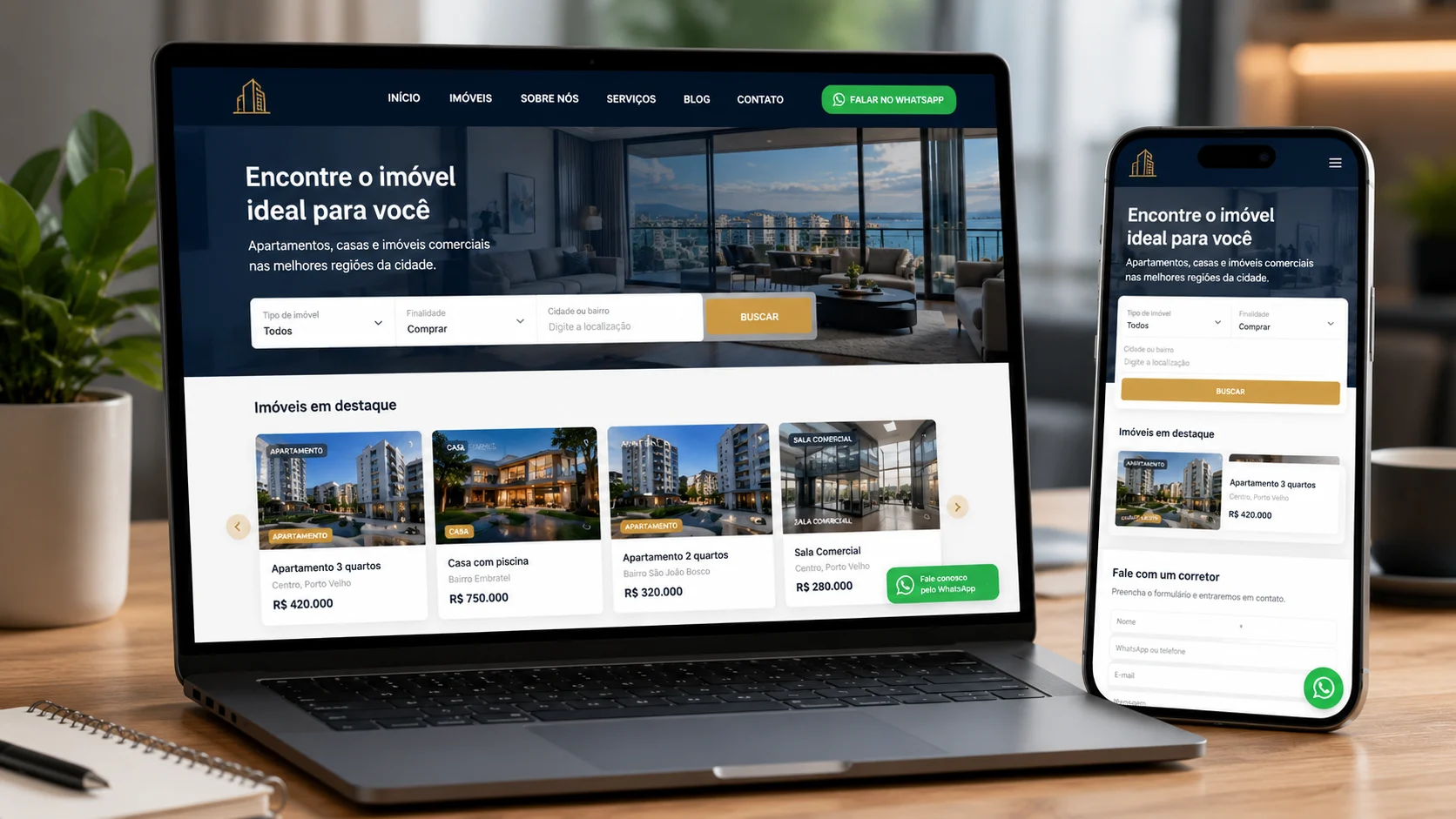 [Imagem: página moderna de uma imobiliária exibida em notebook e smartphone com imóveis, botão de WhatsApp e formulário de contato]