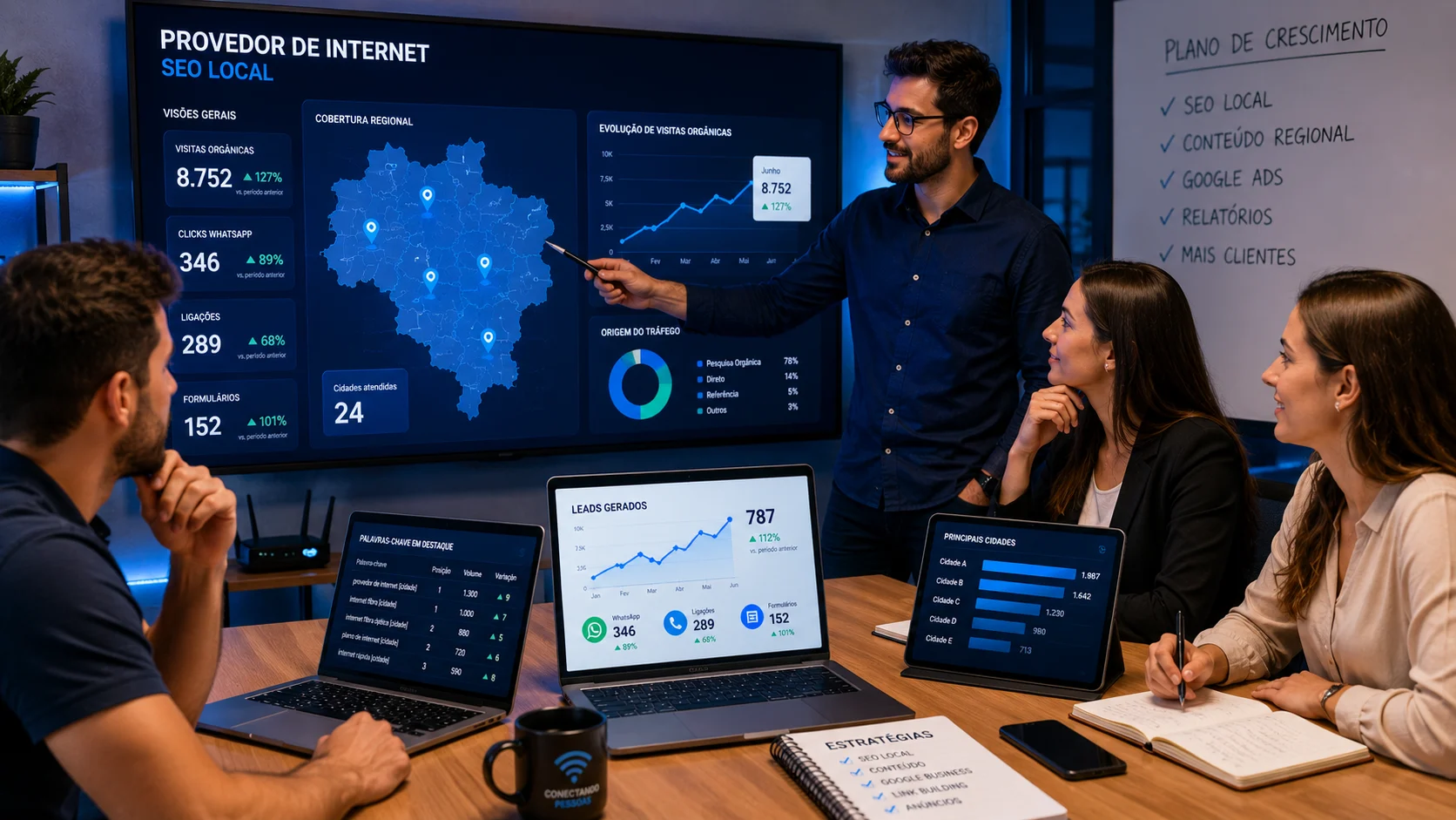 [Imagem: Equipe de marketing analisando SEO local de um provedor de internet, com gráficos de leads, mapa regional e evolução das visitas no Google]