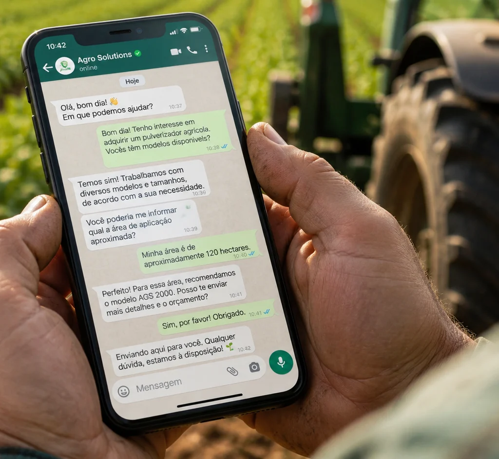 [Imagem: tela de smartphone mostrando conversa comercial pelo WhatsApp entre produtor rural e fornecedor agrícola]