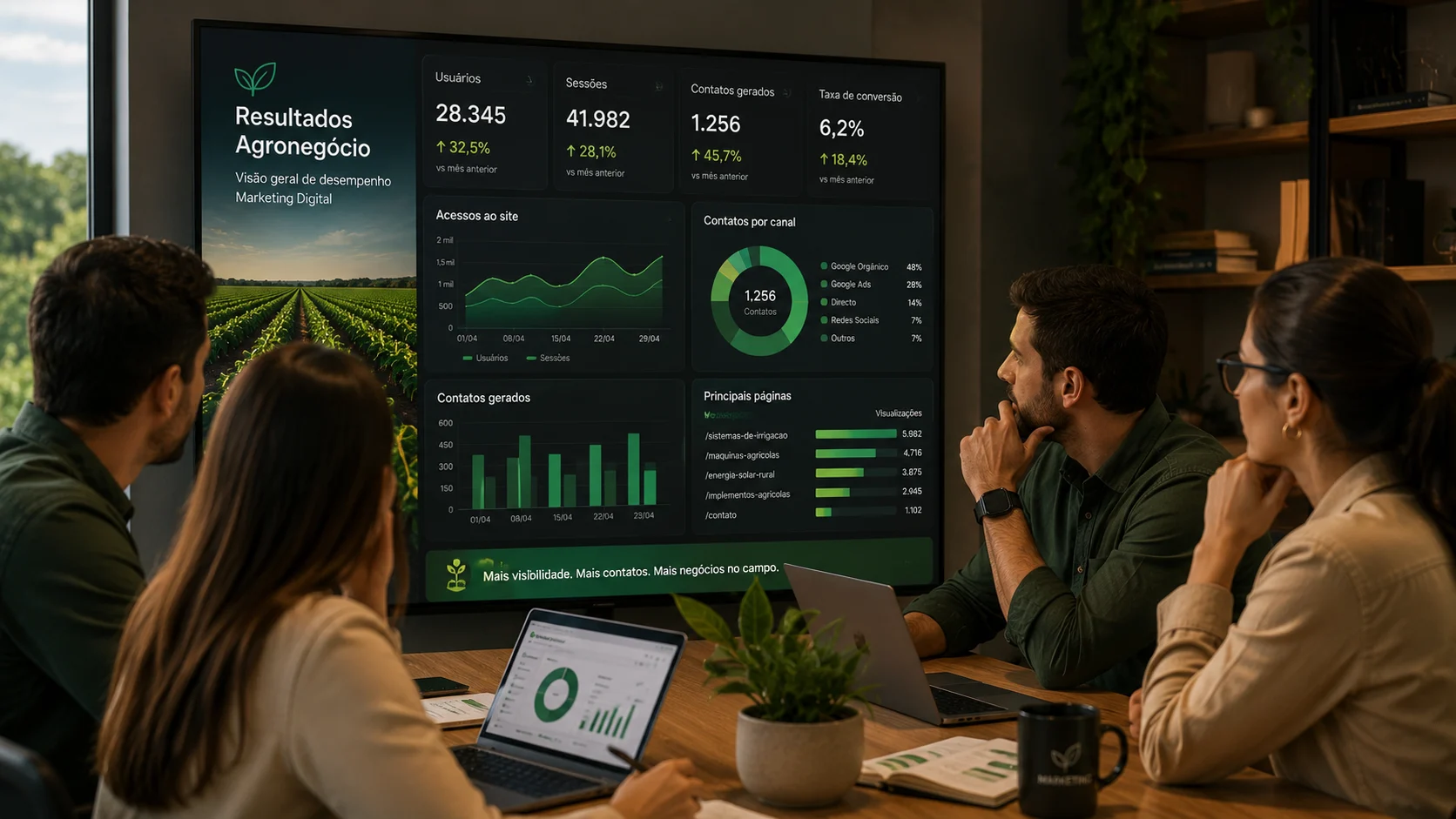 [Imagem: equipe de marketing analisando em um painel digital acessos, contatos e resultados de uma empresa do agronegócio]