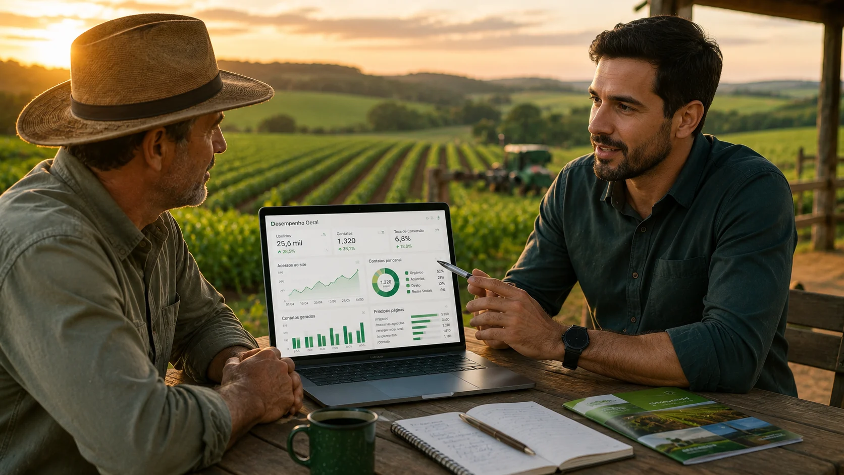 [Imagem: produtor rural e especialista em marketing conversando diante de notebook com gráficos de crescimento e uma lavoura ao fundo]