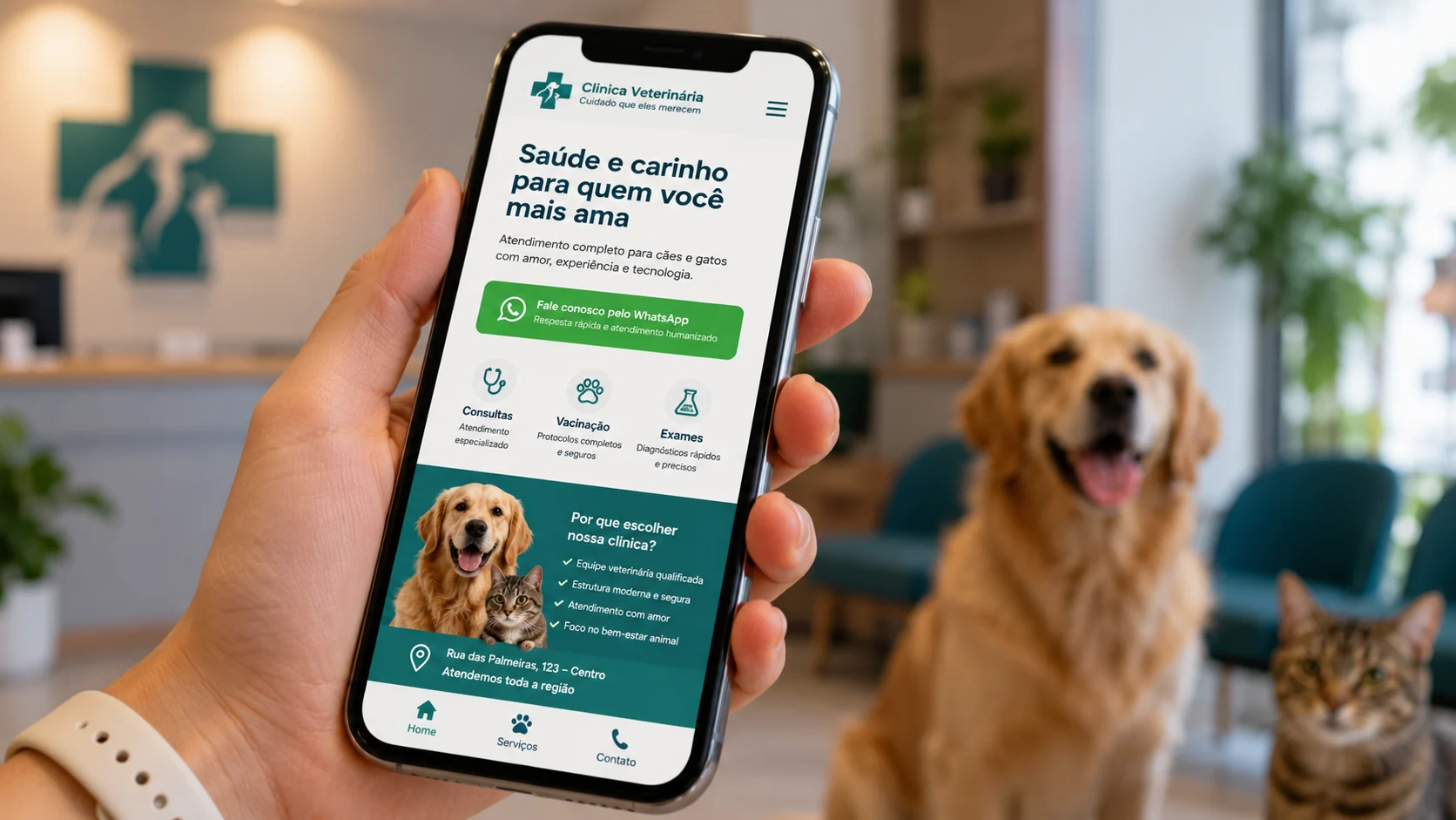 [Imagem: smartphone exibindo site de clínica veterinária com botão destacado para contato pelo WhatsApp]