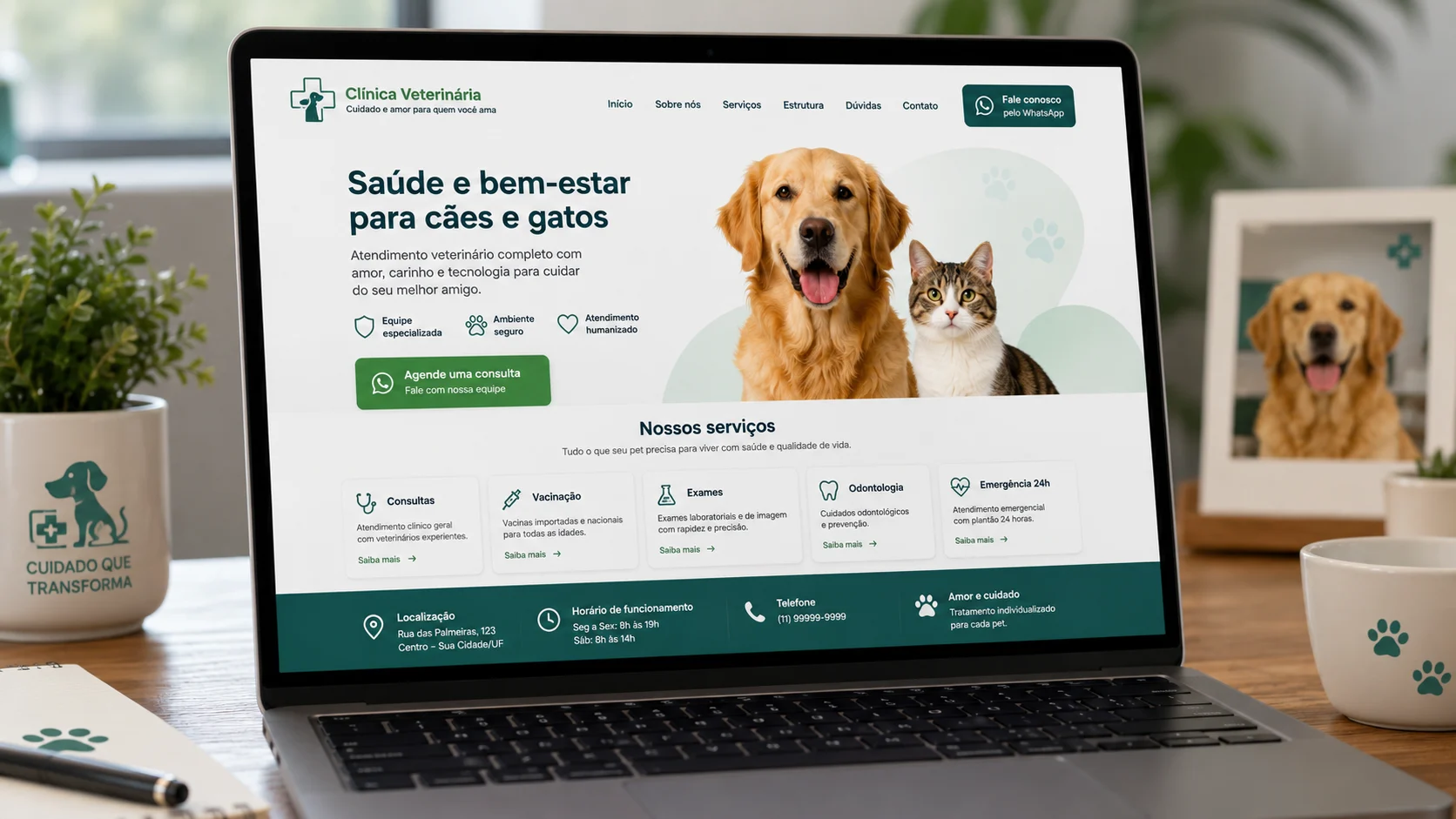 [Imagem: landing page veterinária aberta em computador com informações sobre consultas, vacinação e botão de contato]