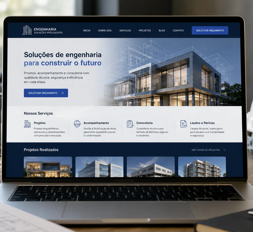 [Imagem: tela de notebook mostrando um site moderno de escritório de engenharia com serviços, projetos realizados e botão para solicitar orçamento]