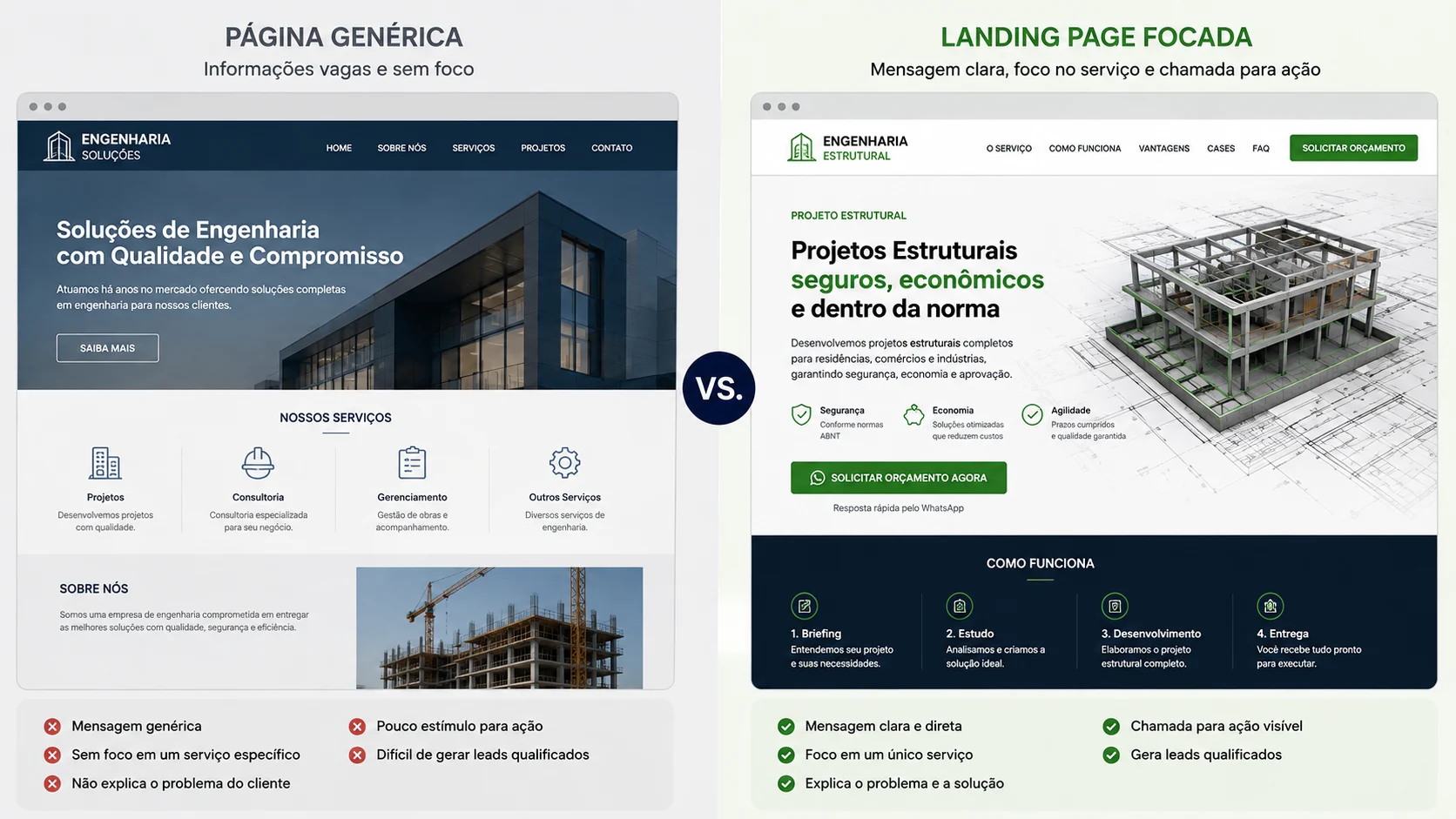 [Imagem: comparação visual entre uma página genérica de engenharia e uma landing page focada em um único serviço com chamada para orçamento]
