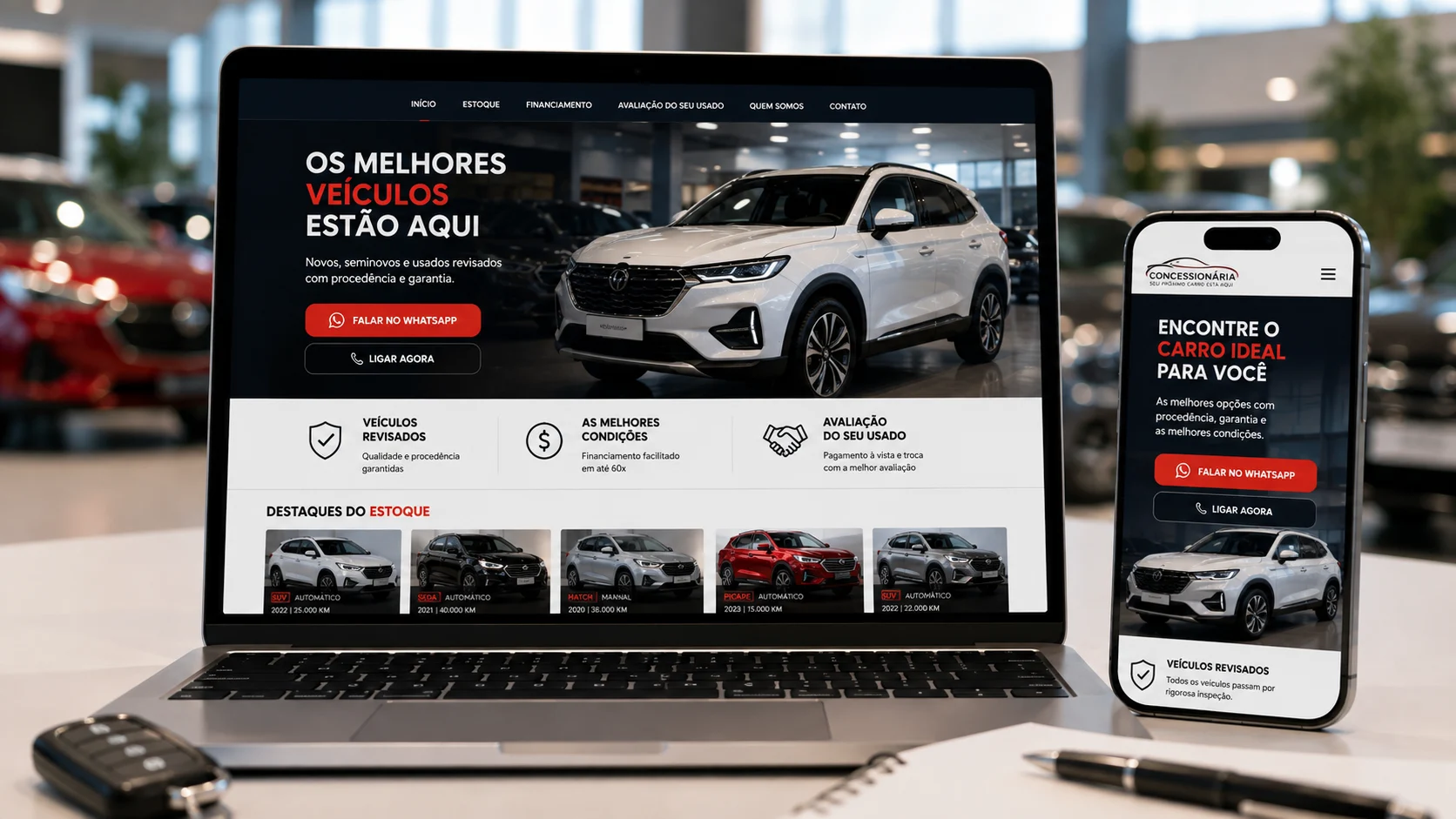 [Imagem: landing page de uma concessionária exibida em notebook e smartphone com botão de contato pelo WhatsApp]