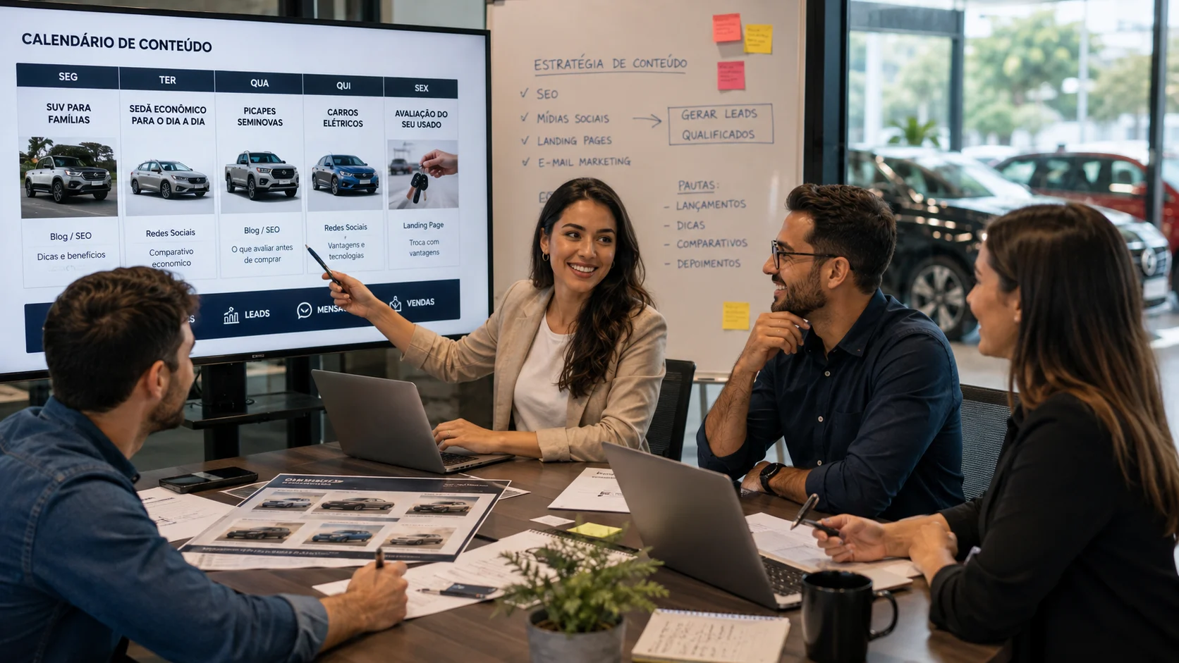 [Imagem: equipe de marketing de concessionária planejando conteúdos sobre diferentes modelos de veículos]
