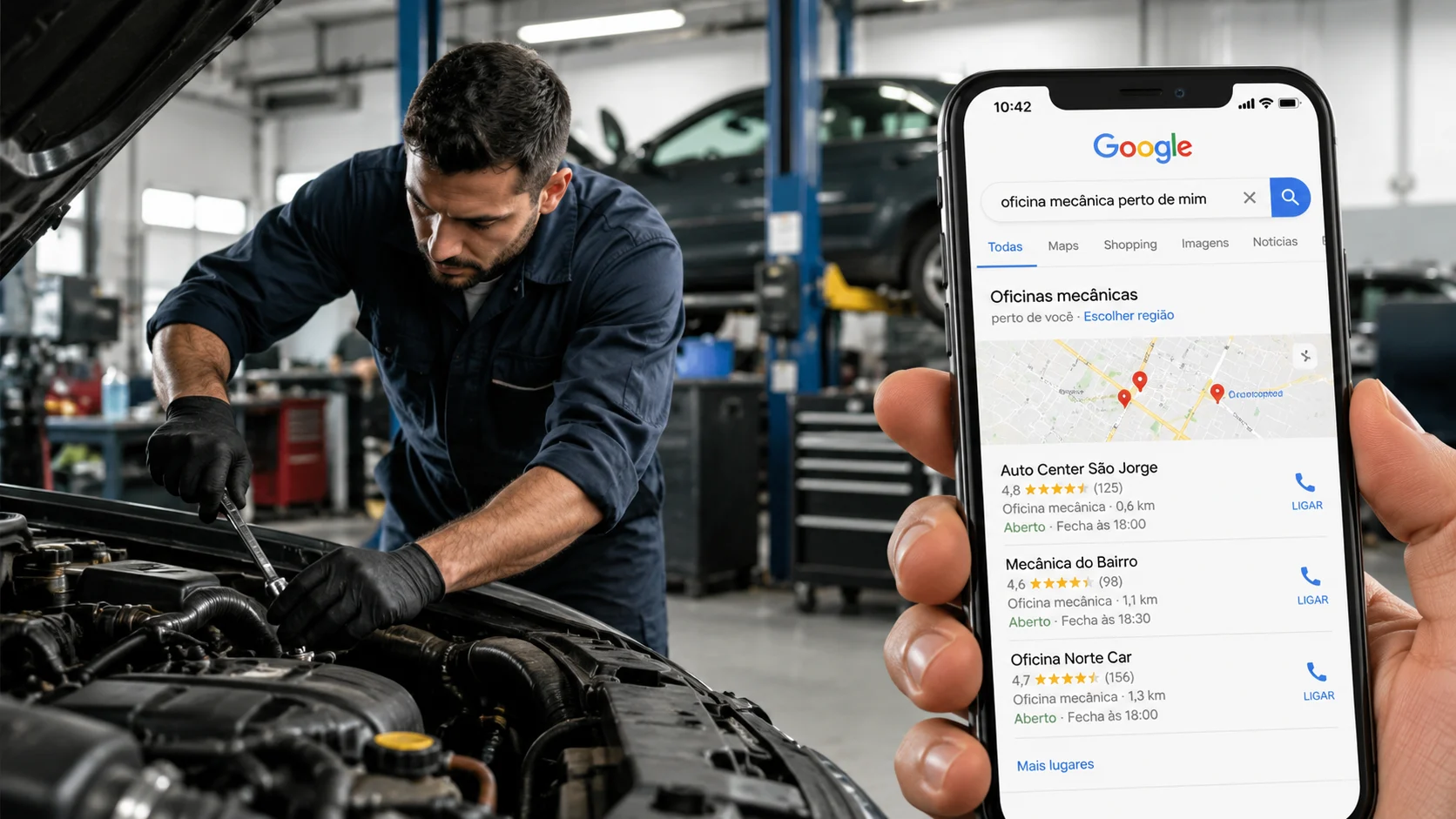 [Imagem: motorista ao lado de um carro com o capô aberto pesquisando uma oficina mecânica pelo celular]