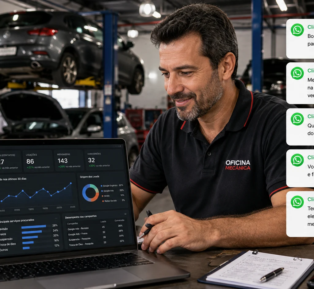 [Imagem: proprietário de oficina analisando em um notebook um painel de marketing enquanto mensagens de clientes chegam pelo WhatsApp]