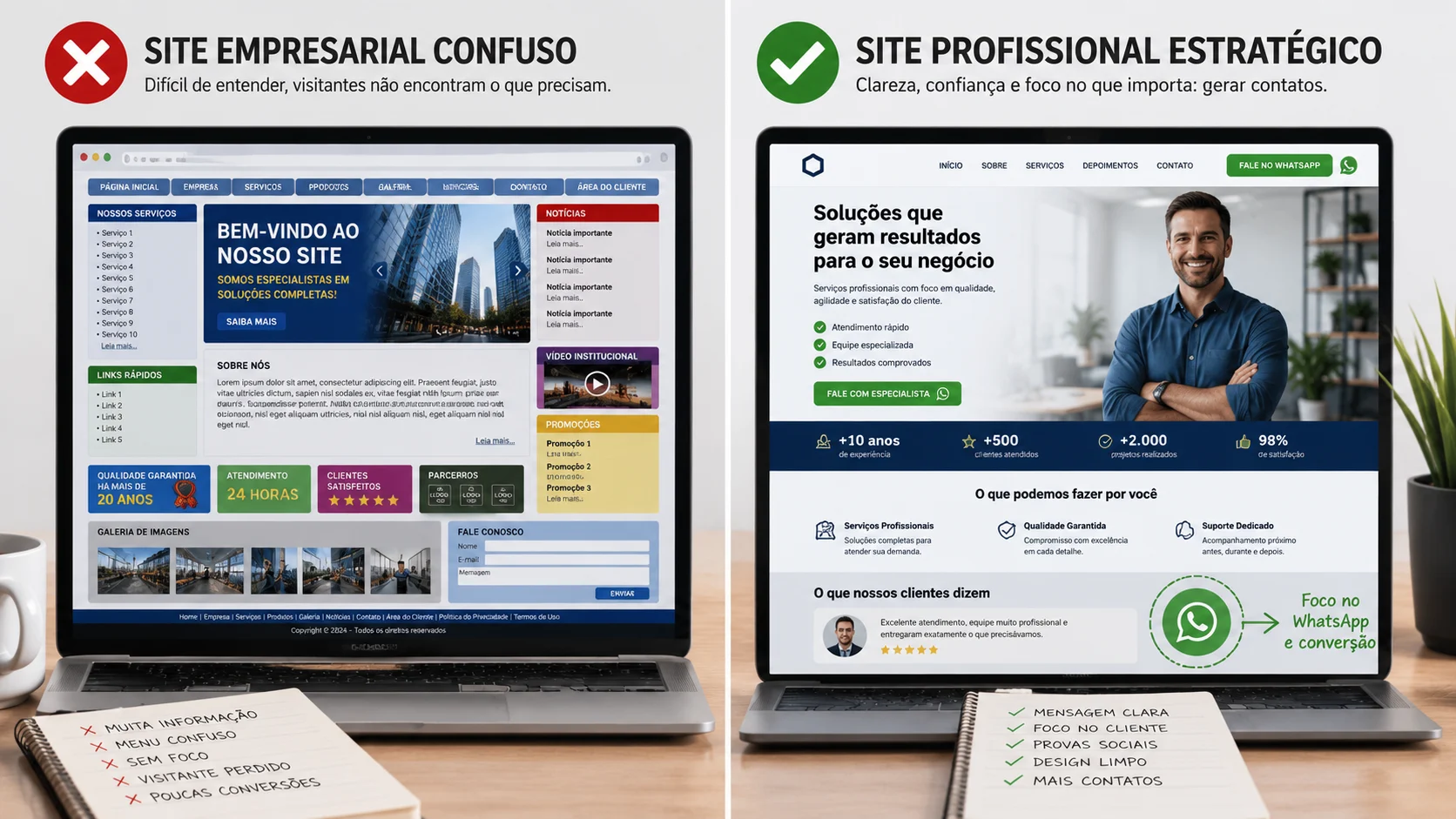[Imagem: comparação entre site empresarial confuso e site profissional simples com serviço, prova social e botão de WhatsApp destacados]