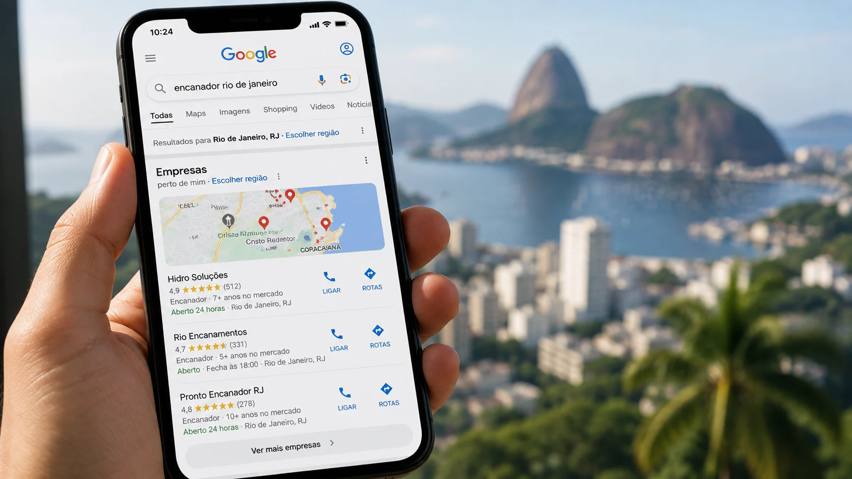 [Imagem: tela de celular mostrando pesquisa local no Google por prestador de serviço no Rio de Janeiro e resultados próximos]