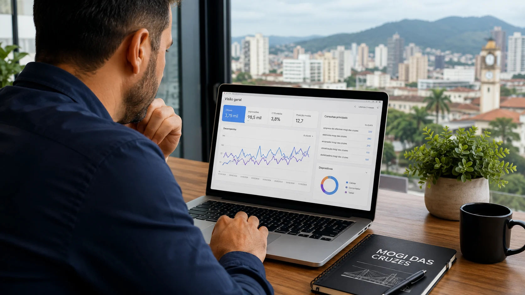 [Imagem: empresário de Mogi das Cruzes analisando em um notebook um site profissional com gráficos de acessos do Google]