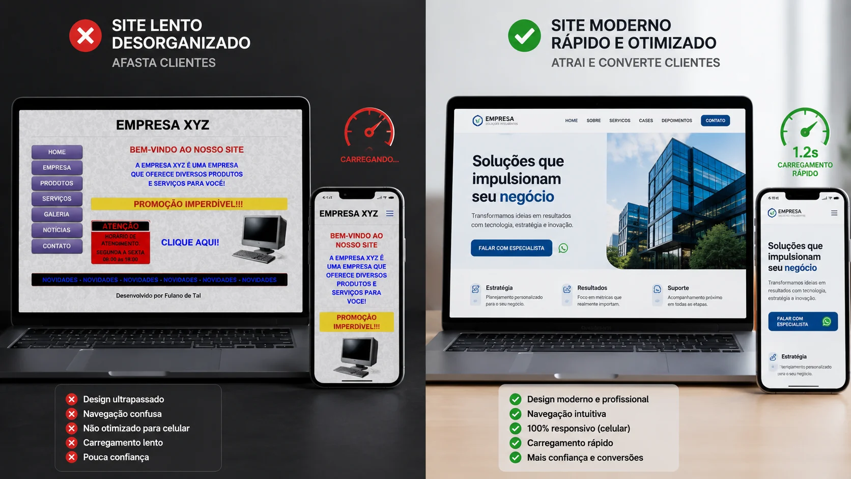 [Imagem: comparação visual entre um site empresarial lento e desorganizado e outro moderno, rápido e otimizado para celular]