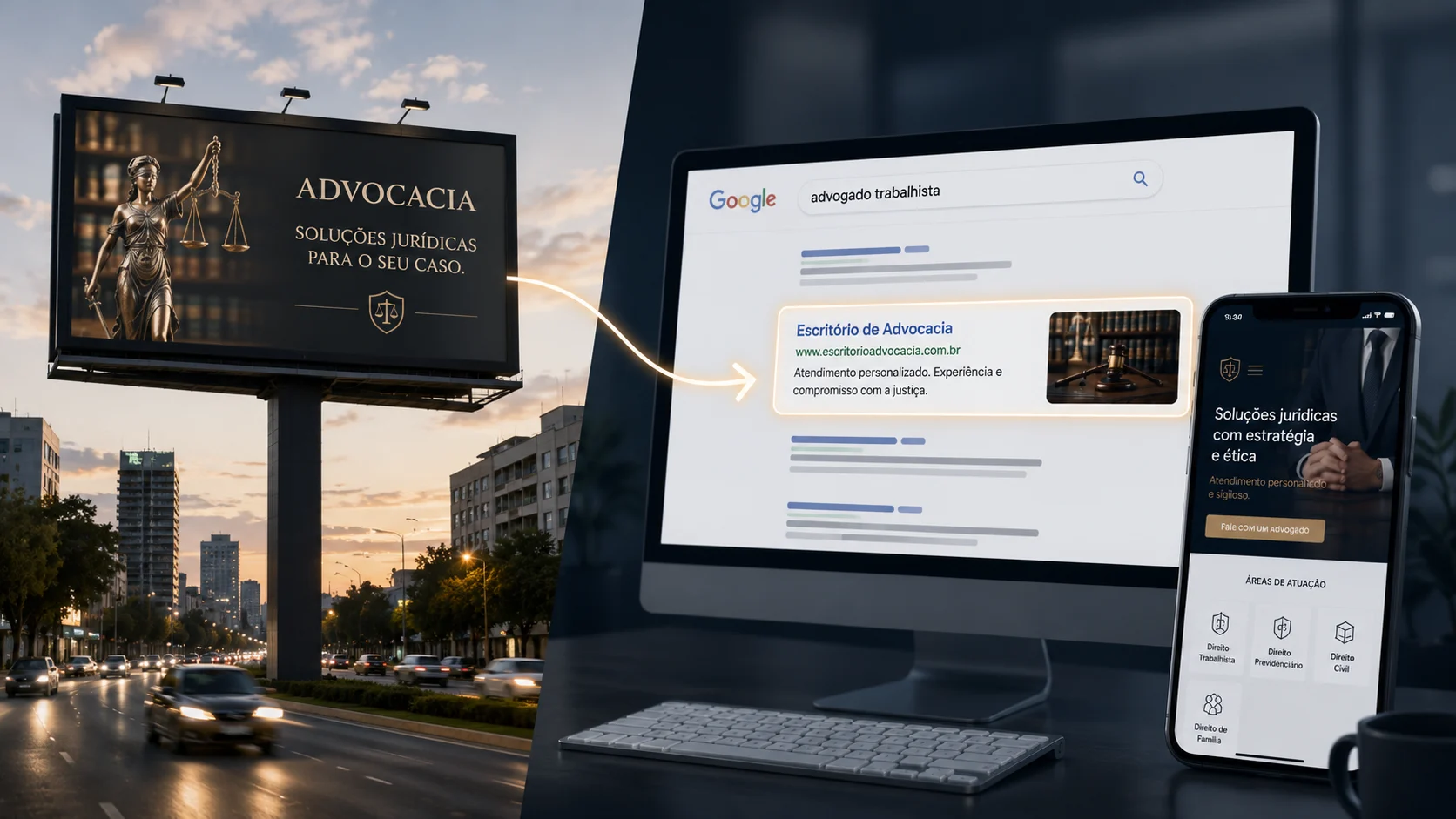 [Imagem: comparação conceitual entre um outdoor físico em uma avenida e um “outdoor digital” representado por uma landing page jurídica aparecendo em uma busca do Google]