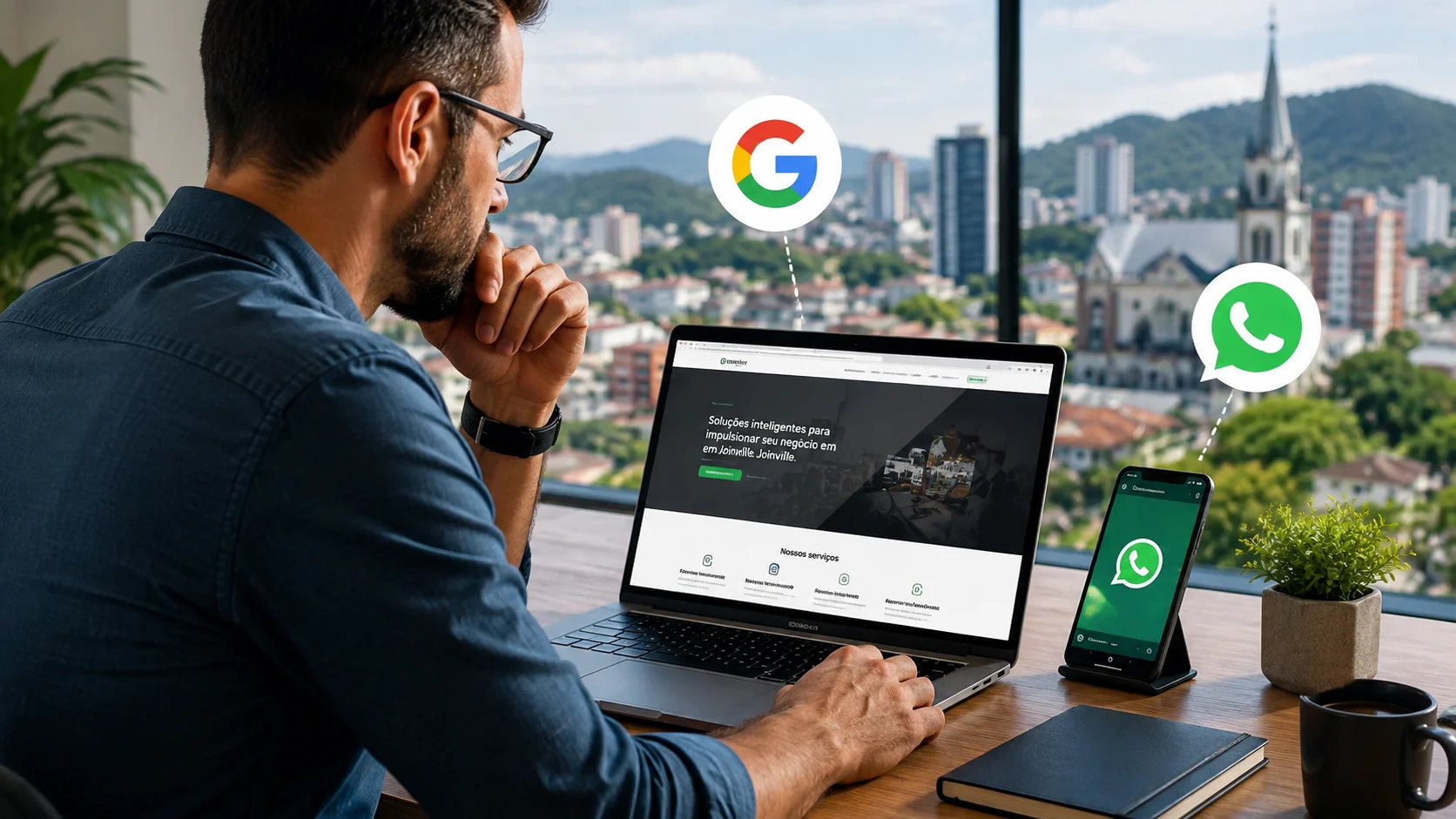 [Imagem: empresário de Joinville analisando em um notebook um site profissional conectado ao Google e ao WhatsApp]