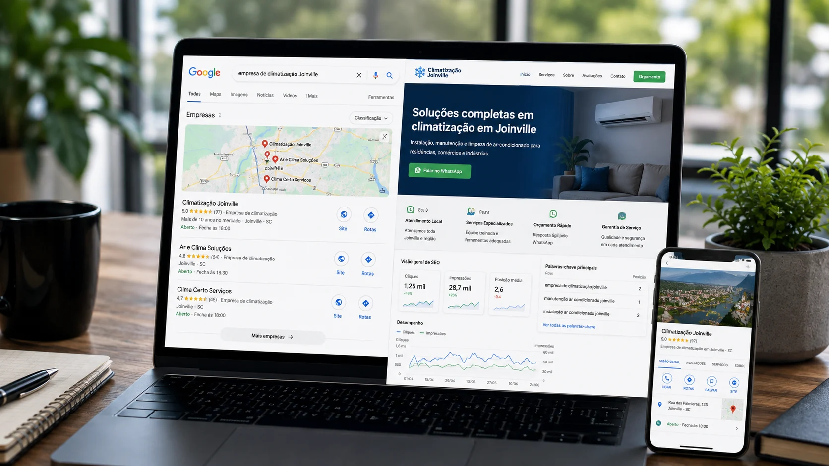 [Imagem: tela de notebook mostrando estrutura de SEO local com pesquisa no Google, mapa de Joinville e site empresarial]