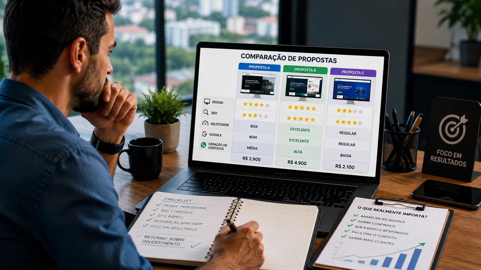 [Imagem: empresário comparando propostas de criação de sites considerando design, SEO, velocidade, Google e geração de contatos]