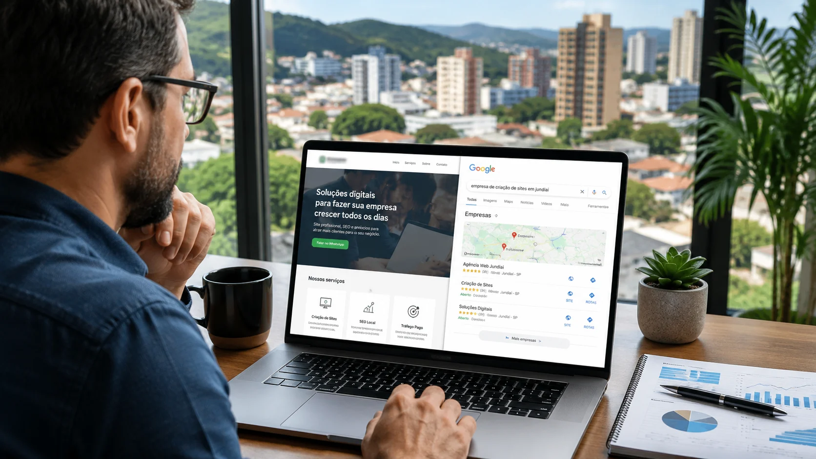 [Imagem: empresário de Jundiaí analisando em notebook um site profissional com resultados de buscas locais do Google]
