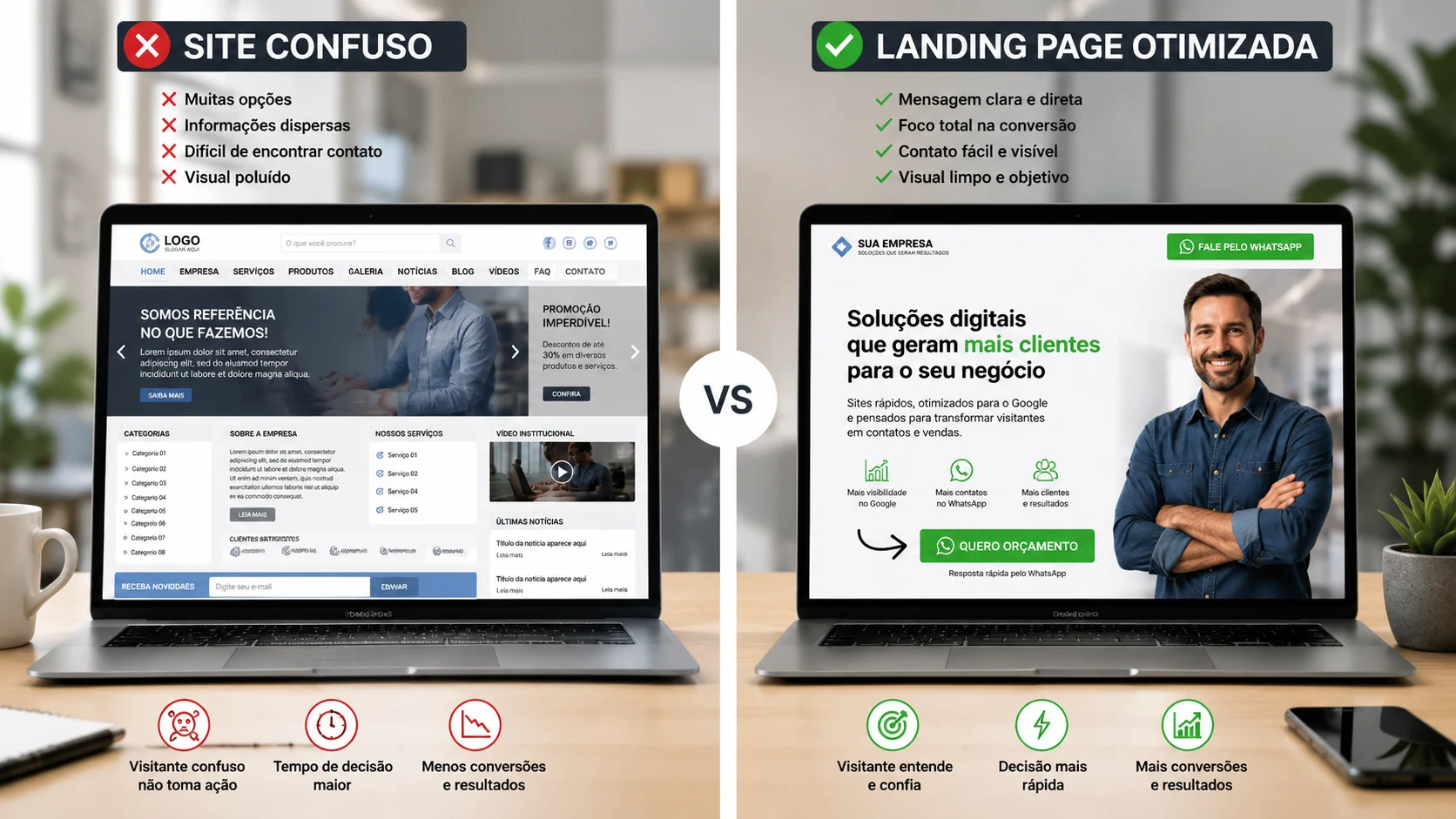 [Imagem: comparação visual entre um site empresarial confuso e uma landing page rápida com botão de orçamento pelo WhatsApp]