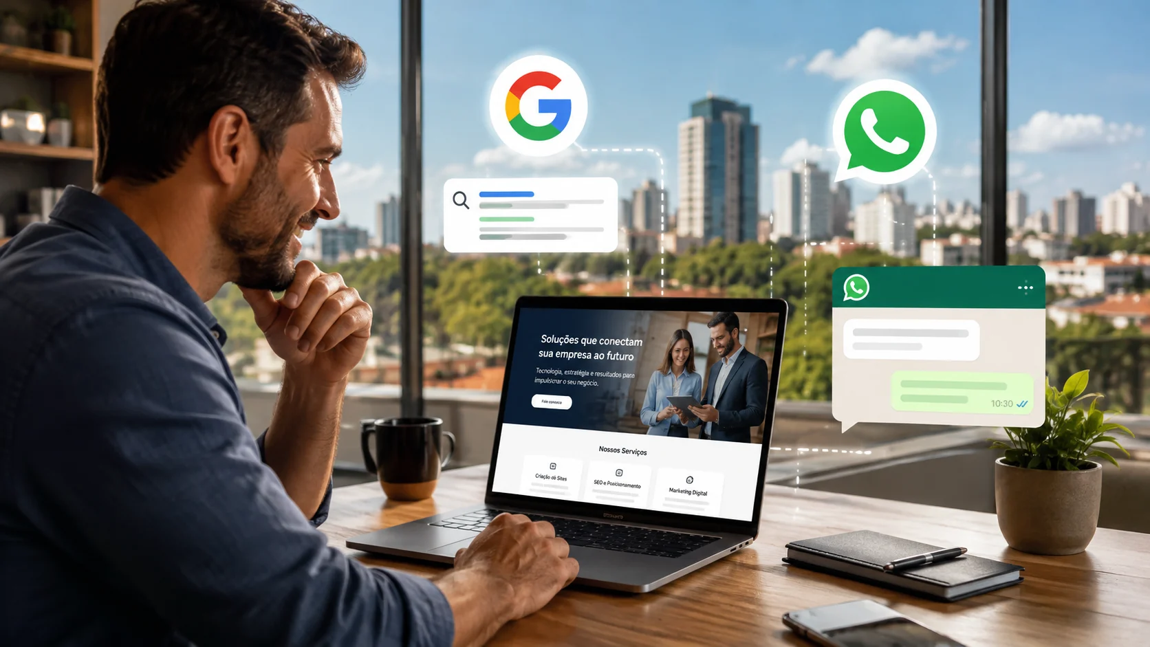 [Imagem: empresário de Londrina observando em um notebook um site profissional conectado ao Google e ao WhatsApp]