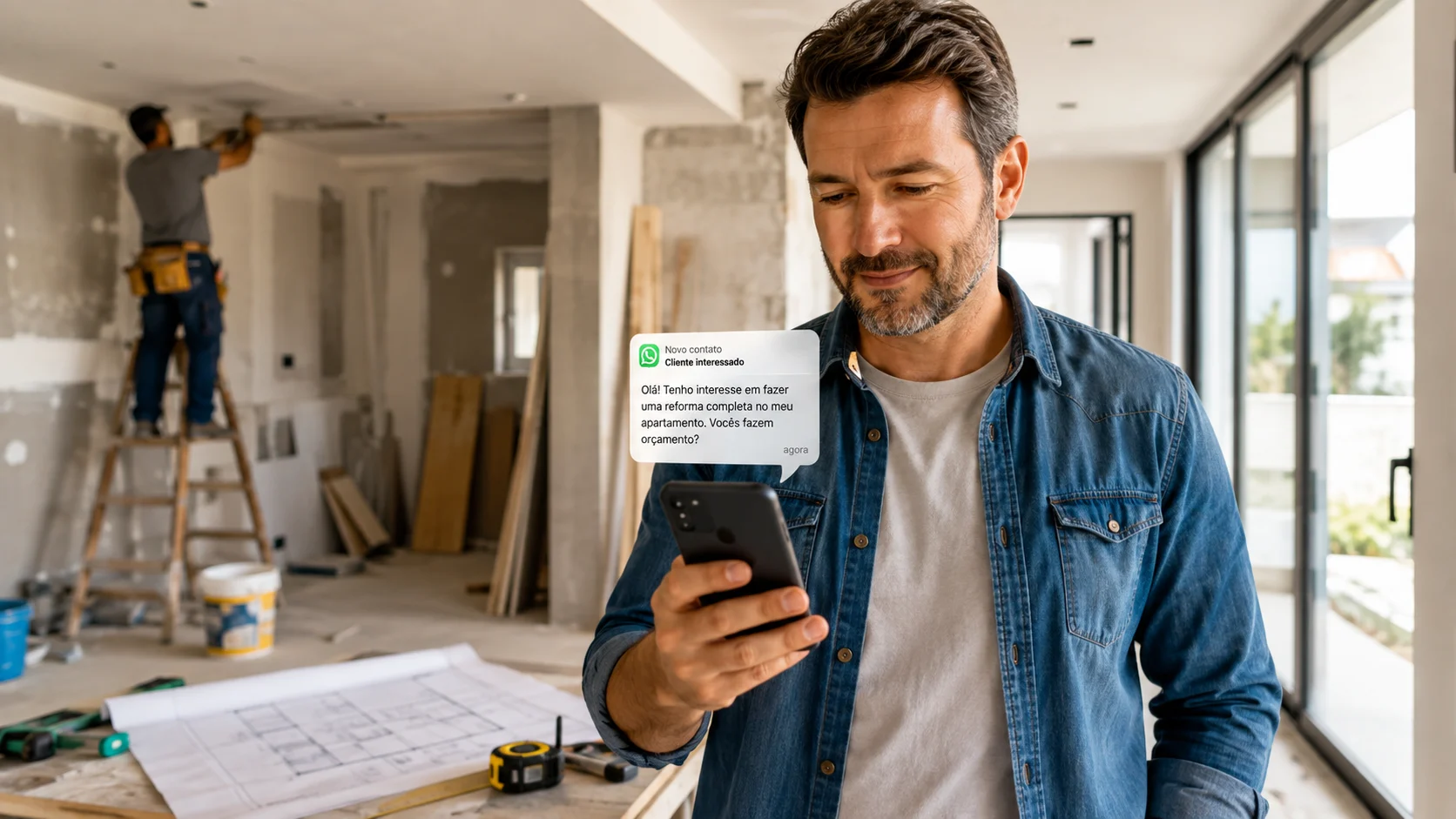 [Imagem: proprietário de uma empresa de reformas recebendo uma mensagem de potencial cliente pelo celular enquanto acompanha uma obra residencial]