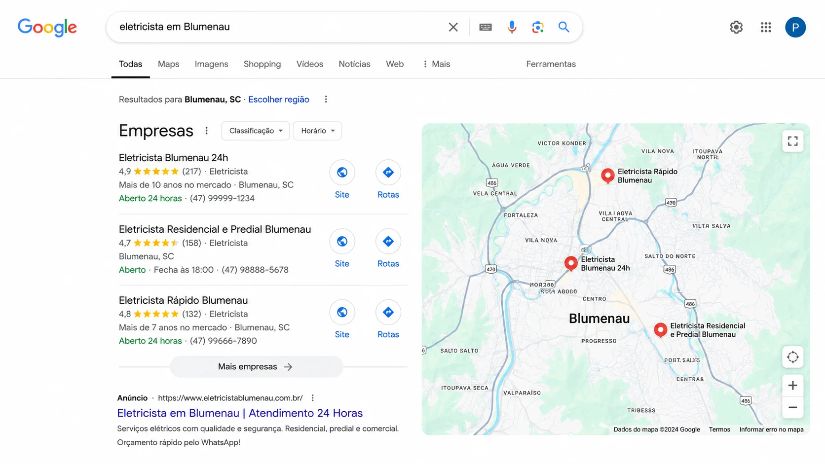 [Imagem: tela de busca no Google mostrando resultados locais de empresas de serviços em Blumenau acompanhados de mapa]