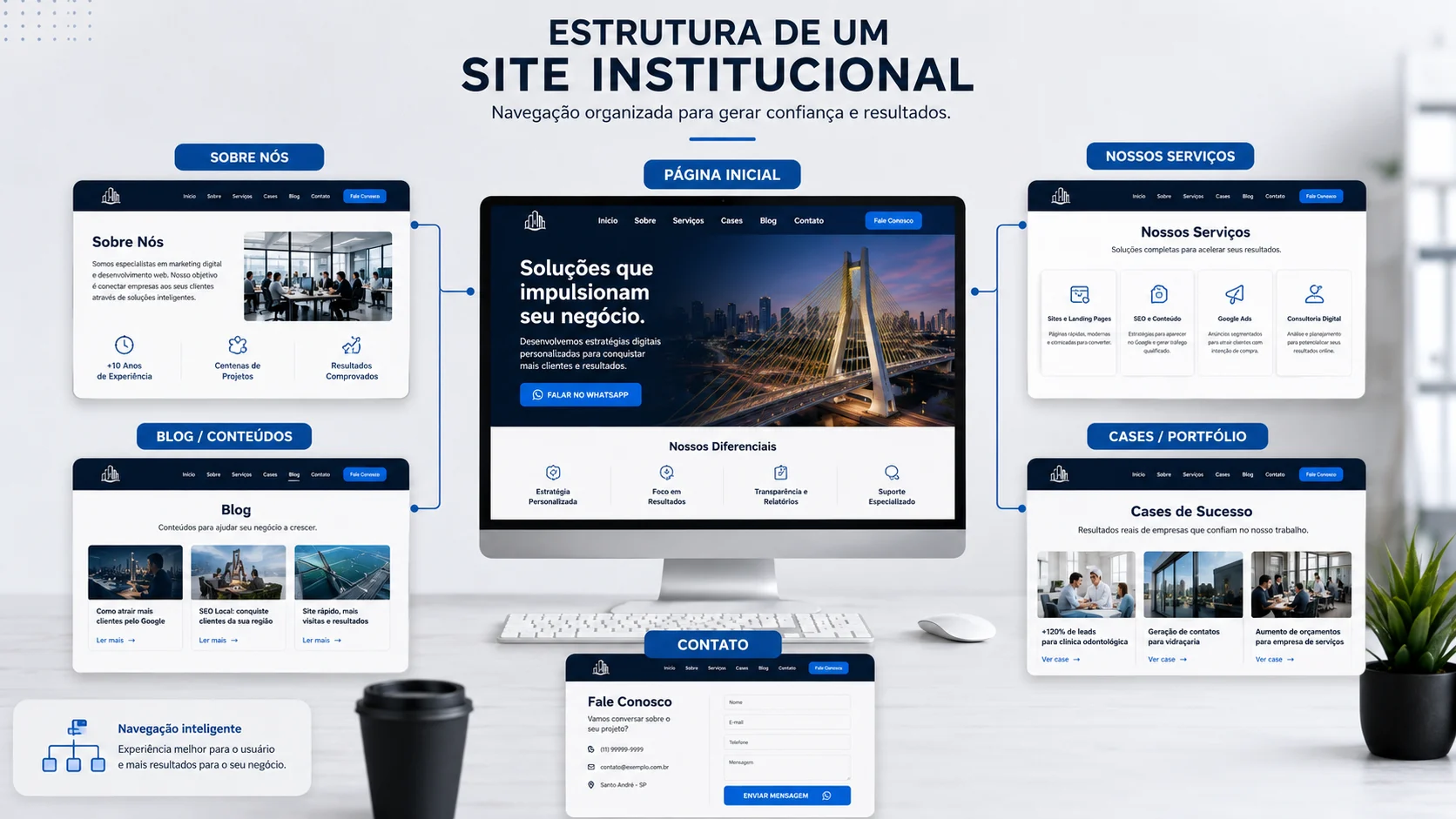 [Imagem: estrutura visual de um site institucional mostrando página inicial, páginas de serviços, cases e contato conectadas]