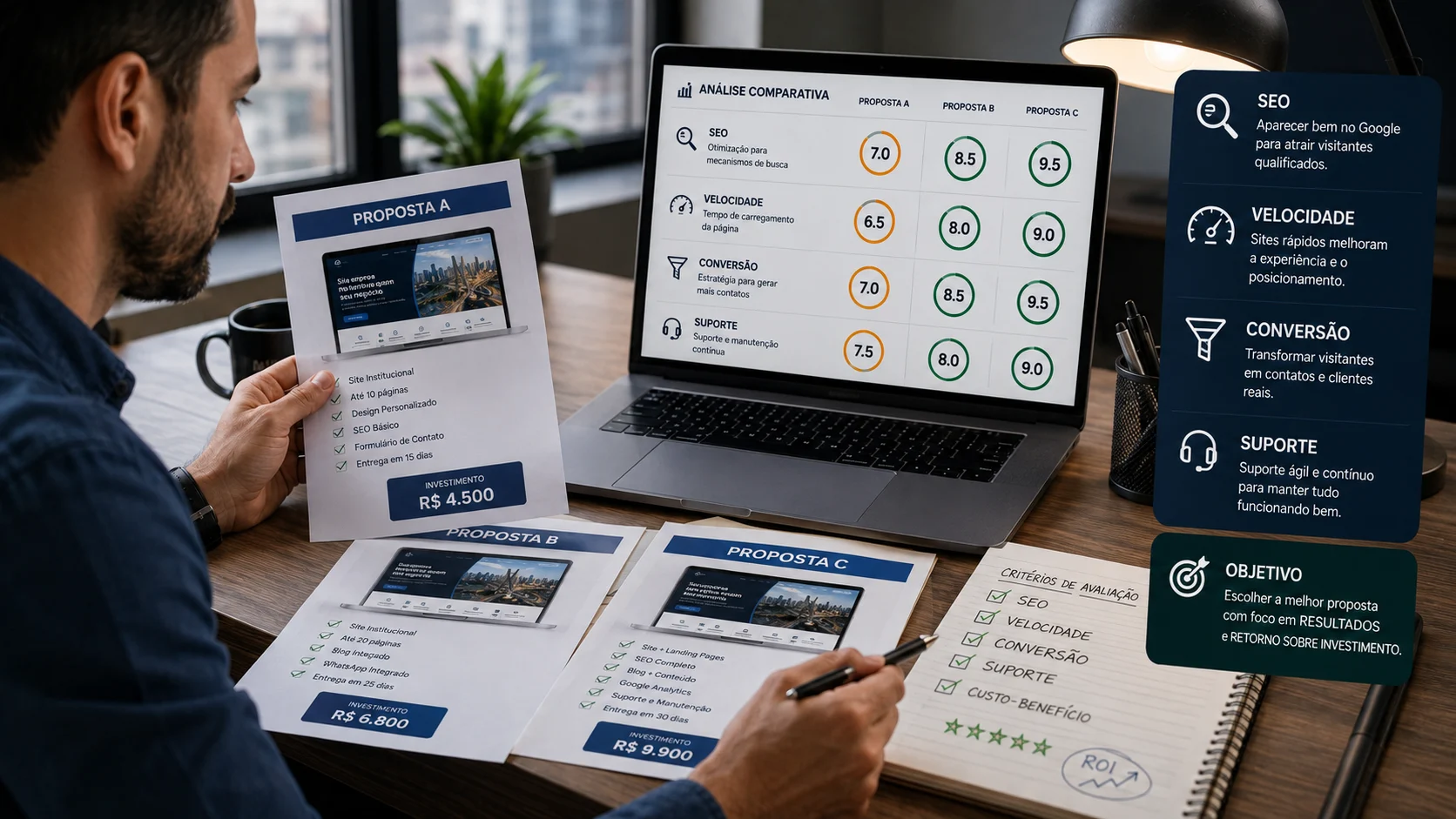 [Imagem: empresário comparando propostas de desenvolvimento de sites e verificando SEO, velocidade, conversão e suporte]