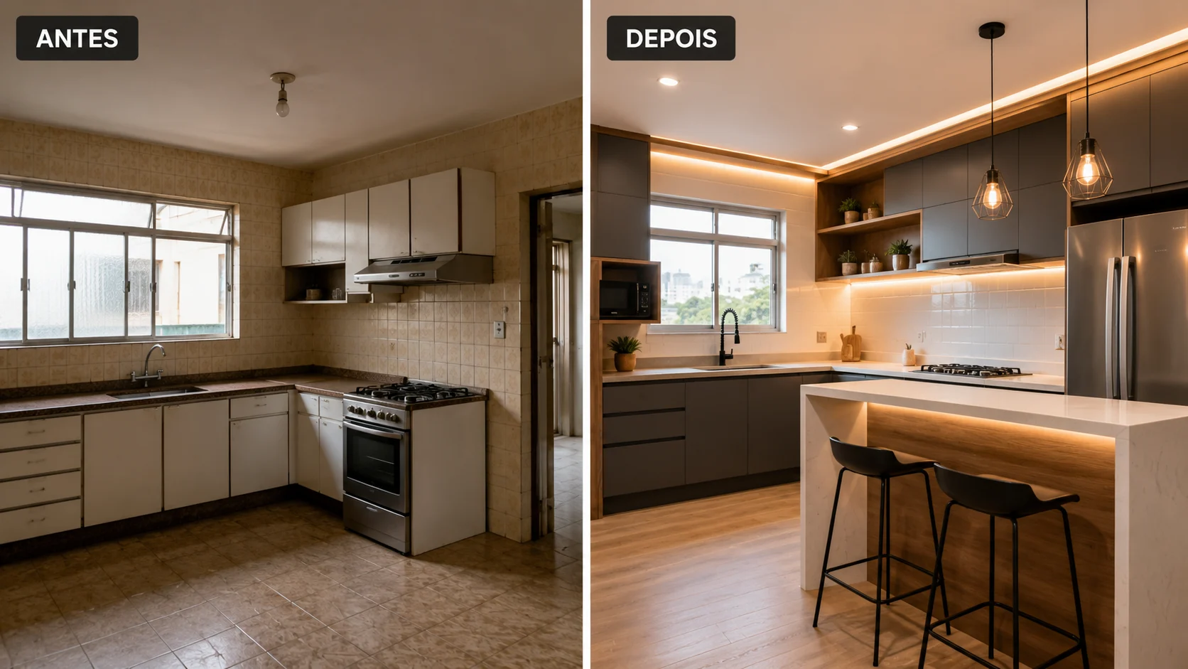 [Imagem: montagem profissional de antes e depois de uma reforma de cozinha, mostrando claramente a transformação do ambiente]